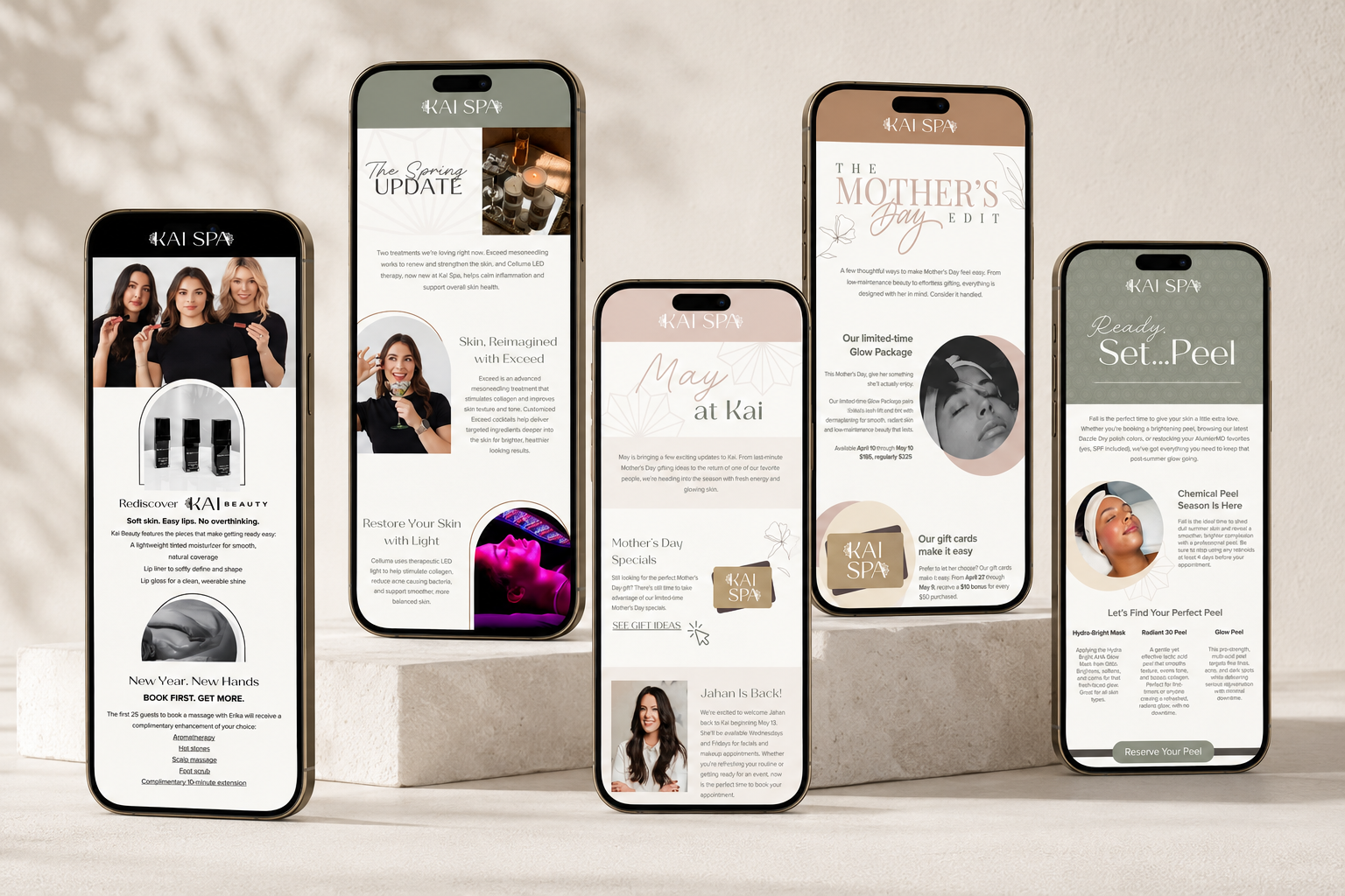 Casa Layfield creates strategic email marketing campaigns for Kai Spa that blend elevated design, thoughtful storytelling, and conversion-focused messaging. From seasonal promotions and service spotlights to product launches and client retention camp