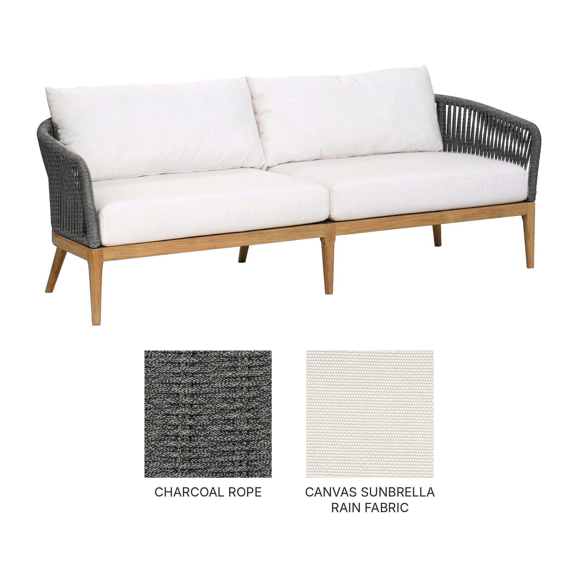 Lucia Sofa Charcoal Rope with Canvas Sunbrella Rain Cushions with swatches.jpg (Copy)