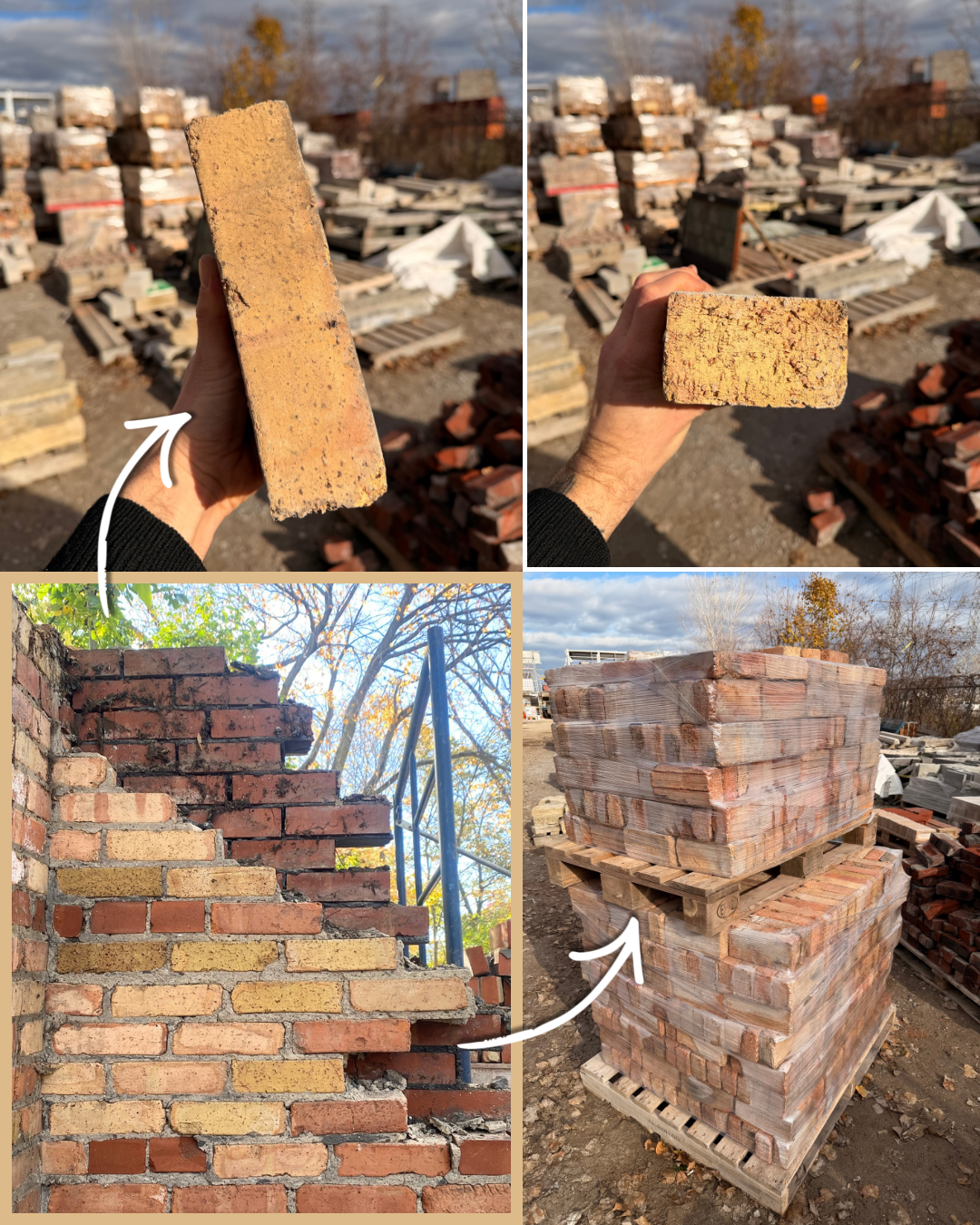 Don Valley pressed brick from an early 1900s garage on Broadview, salvaged and deconstructed by Arcana Materials in Toronto, 2025