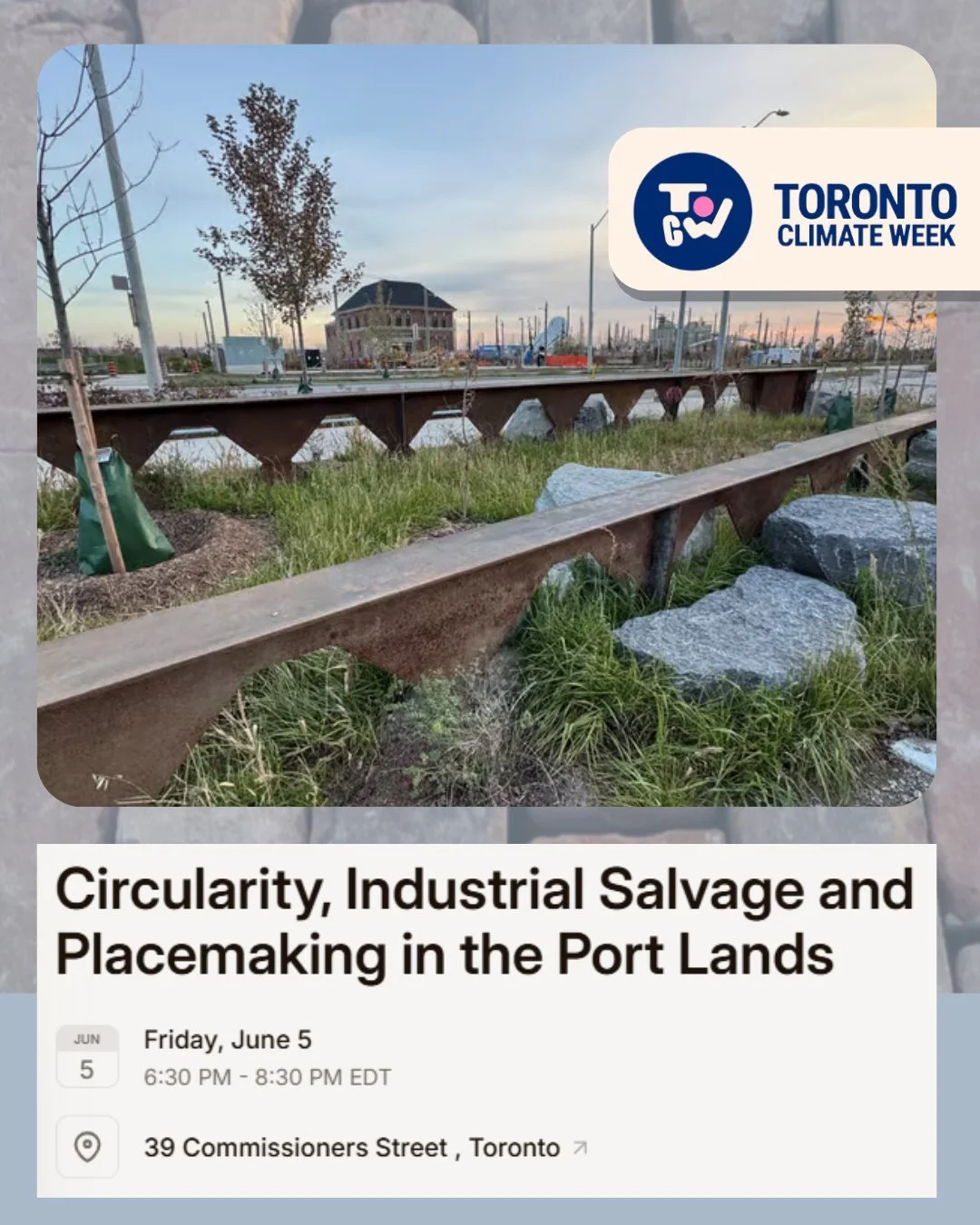 ​Join us at Biidaasige Park for a conversation about the flood protection work and what happened to some of the materials left behind. We'll go deep on the Ookwemin Minising Placemaking Pop-Up arriving nearby in June, a collaboration between C40 Citi