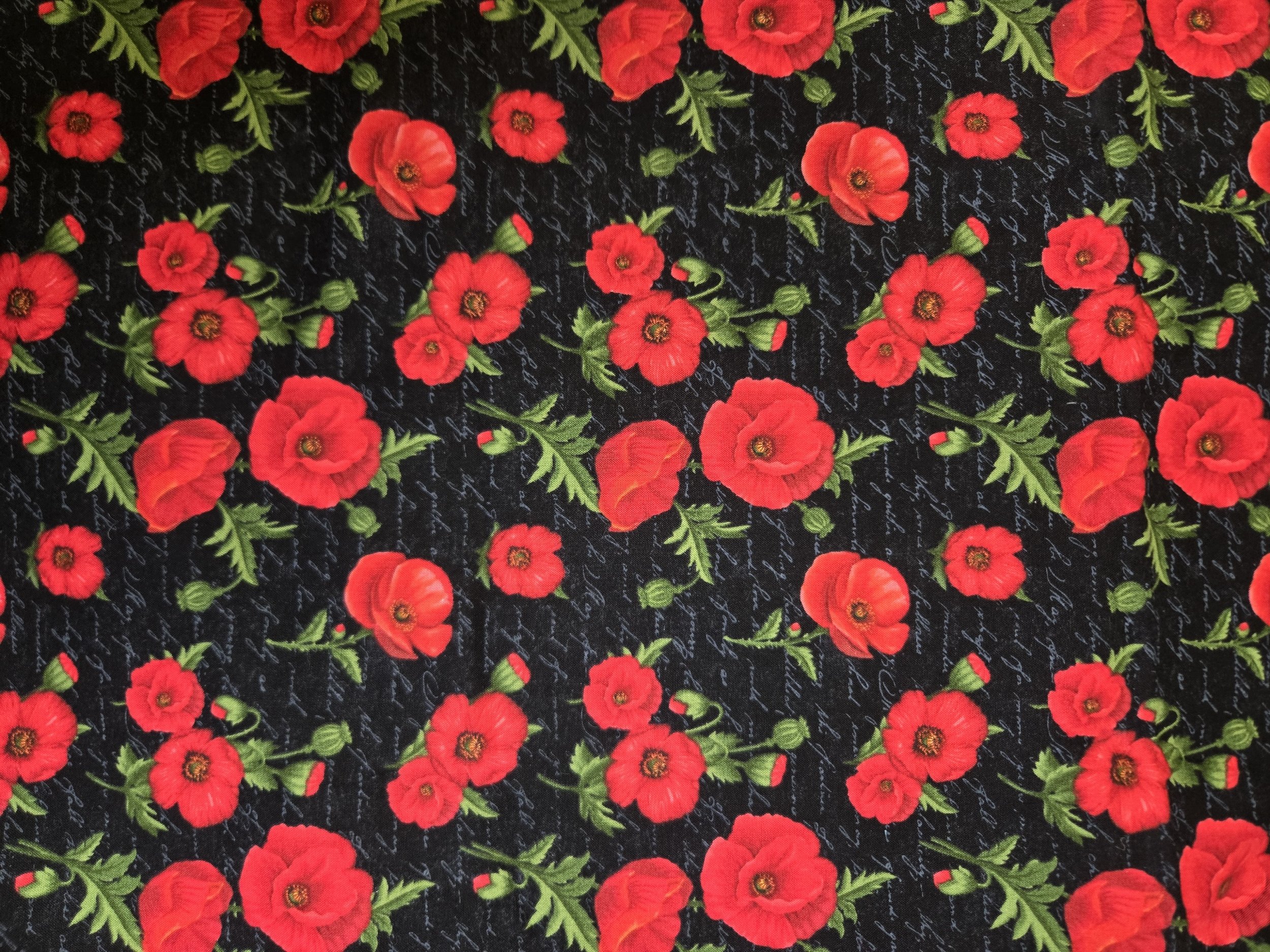 Bright Red Poppies on Black Script Background