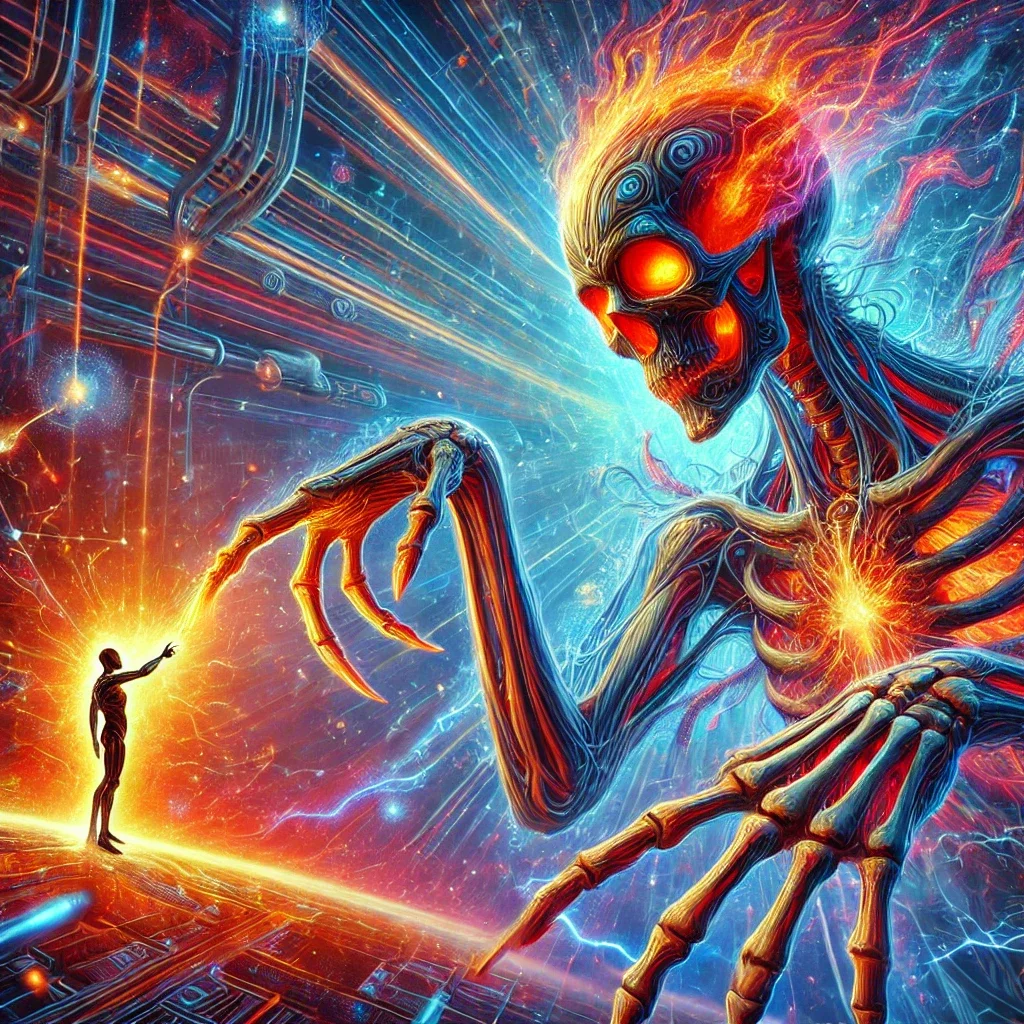 A digital art depiction of a giant skeletal, robotic creature with glowing eyes and fiery hair reaching out to a small human figure on the ground, set against a futuristic space background with bright streaks of light and circuitry.