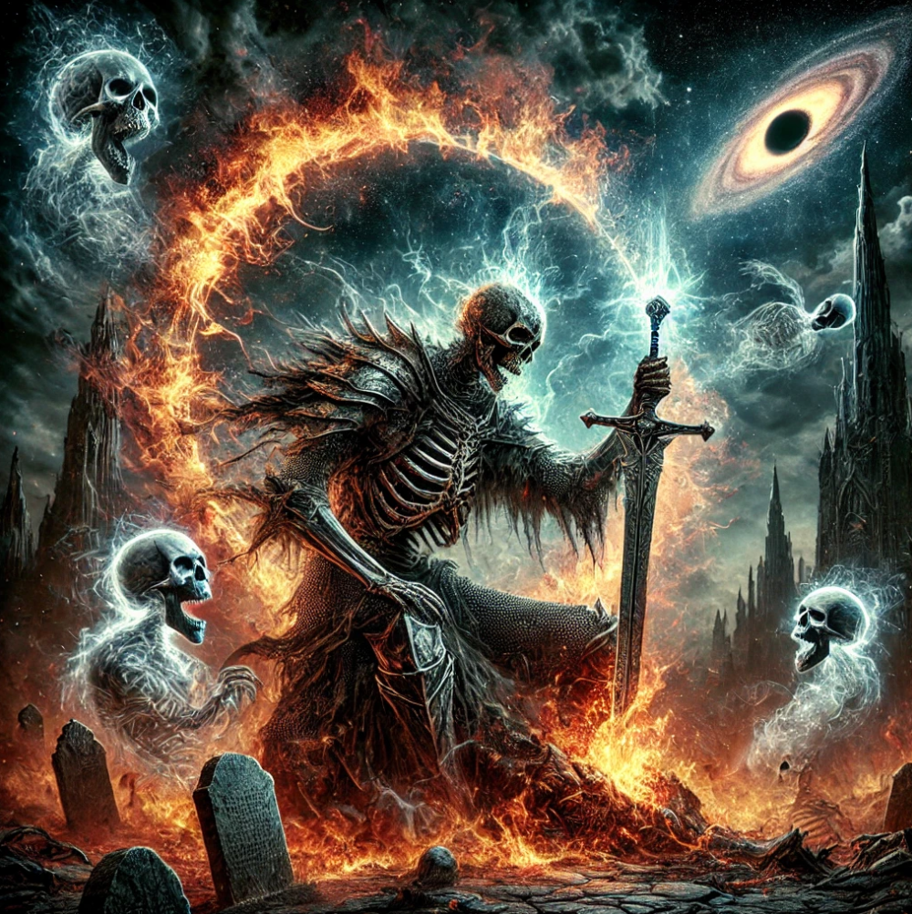 Dark fantasy scene featuring a skeleton warrior holding a sword with lightning effects, surrounded by floating skulls, fiery and volcanic landscape, and distant stars and black hole in the sky.