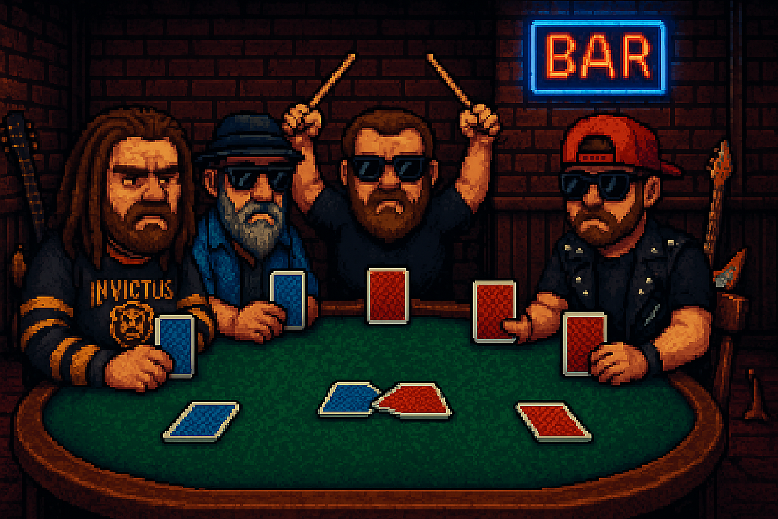Four animated men with sunglasses playing poker at a green felt table in a brick-walled bar. The man on the far left has dreadlocks and wears a black shirt with "Invictus" and a lion logo. The second man has a gray beard, is wearing a hat and a blue shirt. The third man has a red beard, is raising his arms, and wears a black shirt. The man on the far right has a red cap backward, a beard, and a black leather jacket. There is a neon sign that says "Bar" on the wall.