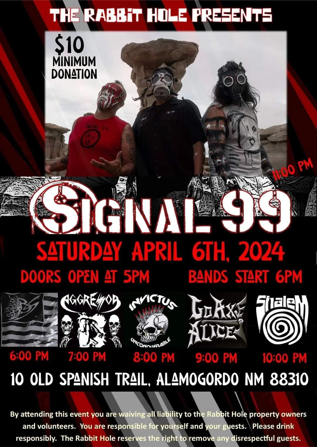 Event poster for a metal music concert titled "Signal 99" at the Rabbit Hole in Almogordo, New Mexico, on Saturday, April 6th, 2024. The poster features an image of three people wearing masks, standing outdoors in a desert landscape with rock formati