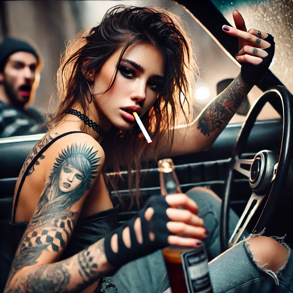 A young woman with tattoos, dark eye makeup, and messy hair sitting in a car holding a beer bottle and a cigarette, with a man in the background.