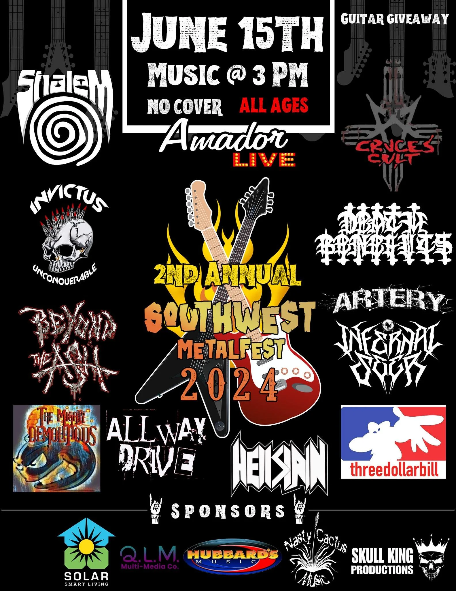 Poster for the 2nd Annual Southwest Metal Fest 2024 featuring band logos, a flame, and electric guitars, with details about the date, location, music, and sponsors.