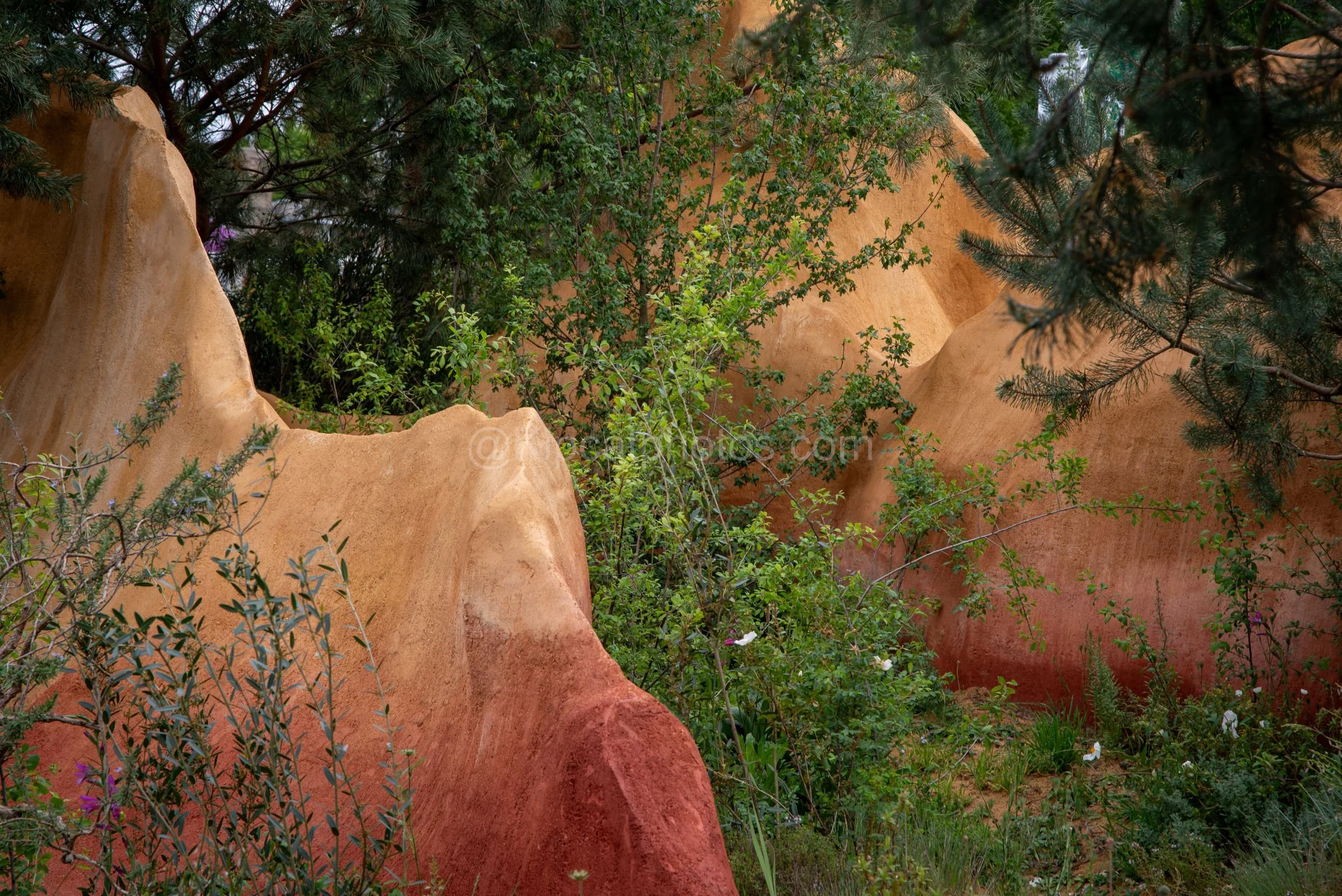 Sculptural ochre and red earth-toned mounds among pine trees in the James Basson garden at RHS Chelsea Flower Show 2026

Undulating sculptural mounds rendered in graduated ochre and red tones evoke a natural rock formation, set among pines and shrubs
