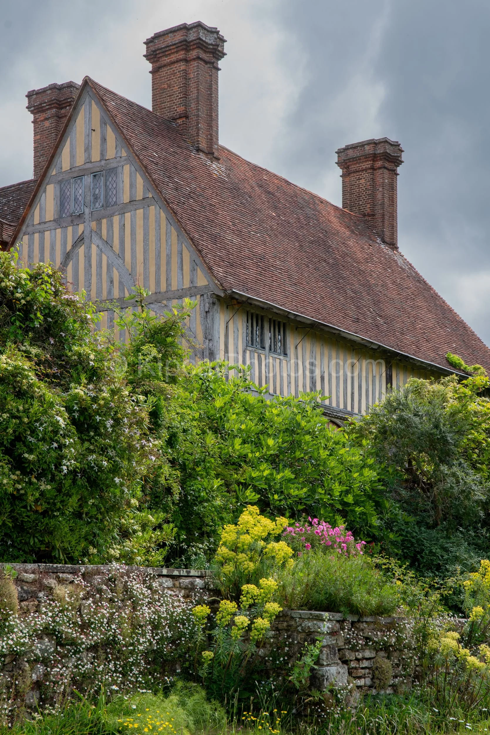 Tudor gable and brick chimneys of Great Dixter's house stand out against a dramatic stormy sky. Kipcatphotos.com

Storm clouds gather behind the steeply pitched, timber-framed gable and clustered brick chimneys of Great Dixter's house, with yellow eu