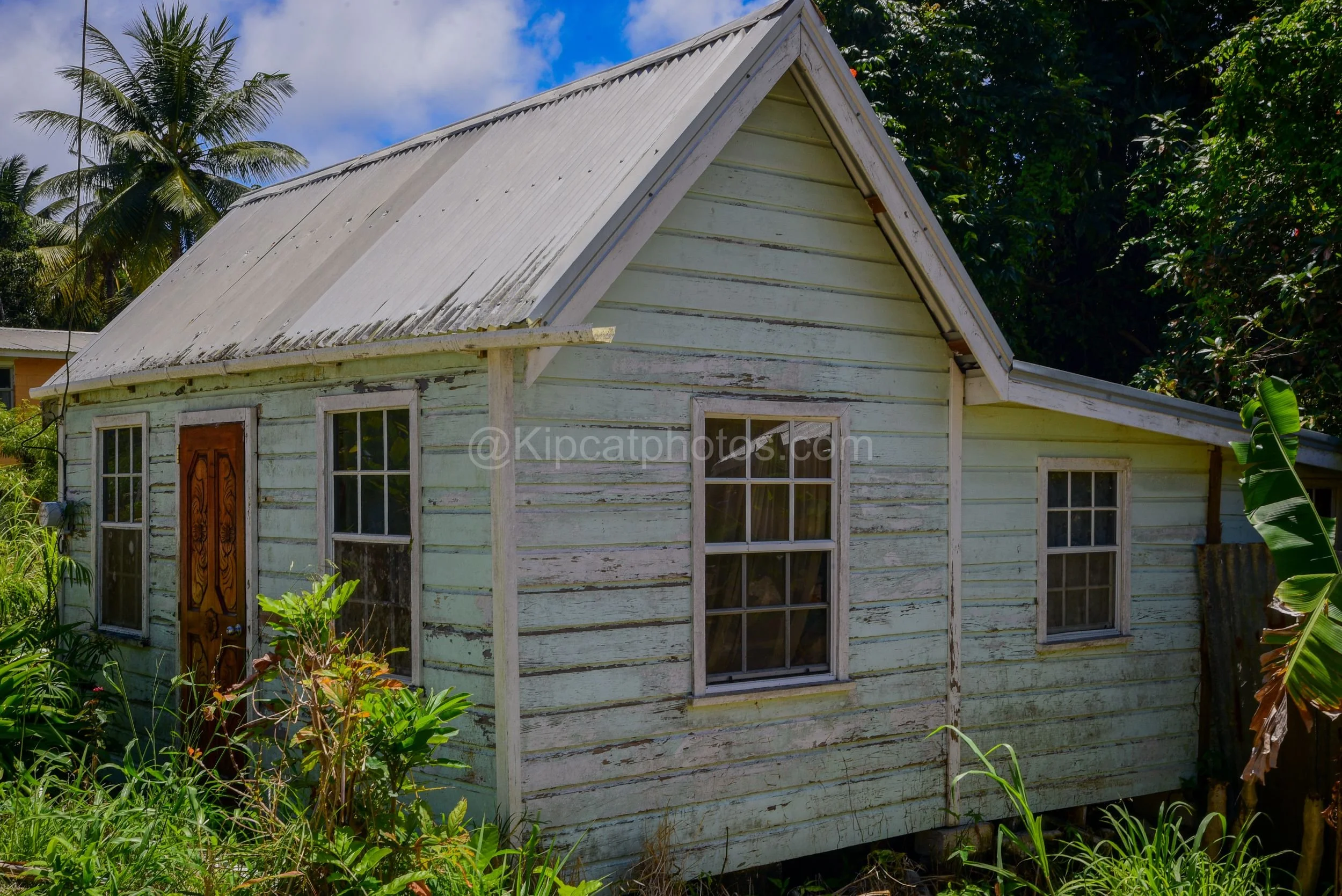A mint green chattel house in Barbados with a carved wooden door and a steep gabled roof. Kipcatphotos.com

Weathered mint green boards frame a beautifully carved wooden door on this chattel house, its steep corrugated roof and sash windows tucked am