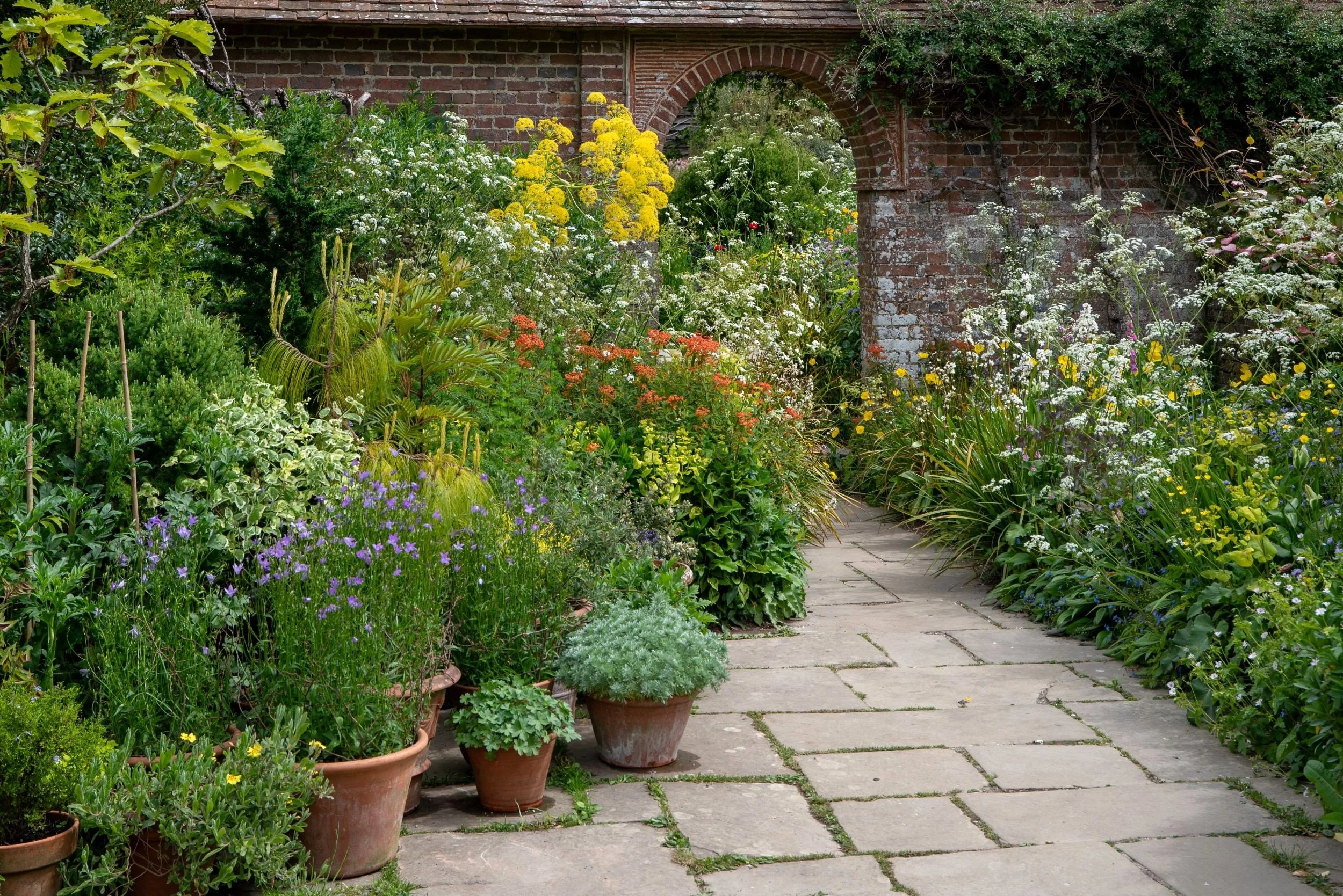 A brick archway framed by potted plants opens onto a vibrant mixed border of orange, yellow and purple flowers at Great Dixter. Kipcatphotos.com

Terracotta pots of herbs and perennials line a stone path beneath a weathered brick archway, opening ont