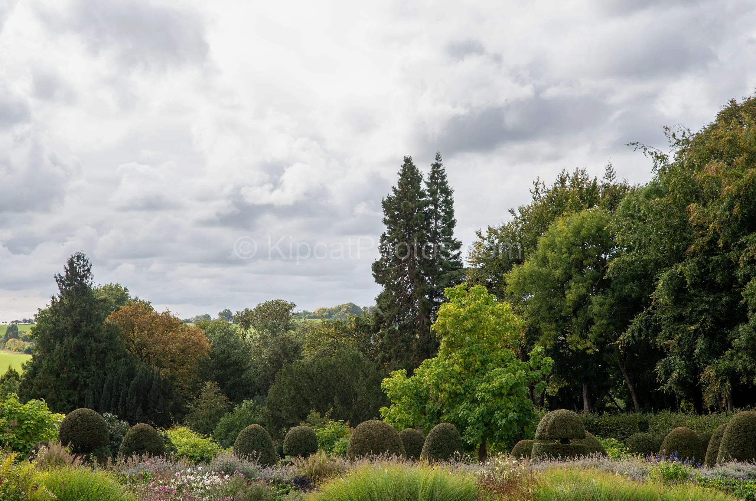 A wide view from the upper terraces at Broughton Grange, Oxfordshire, looking across a row of clipped dome topiary shapes along a yew hedge, with the arboretum and rolling Oxfordshire countryside visible in the distance under a cloudy sky. KipcatPhot