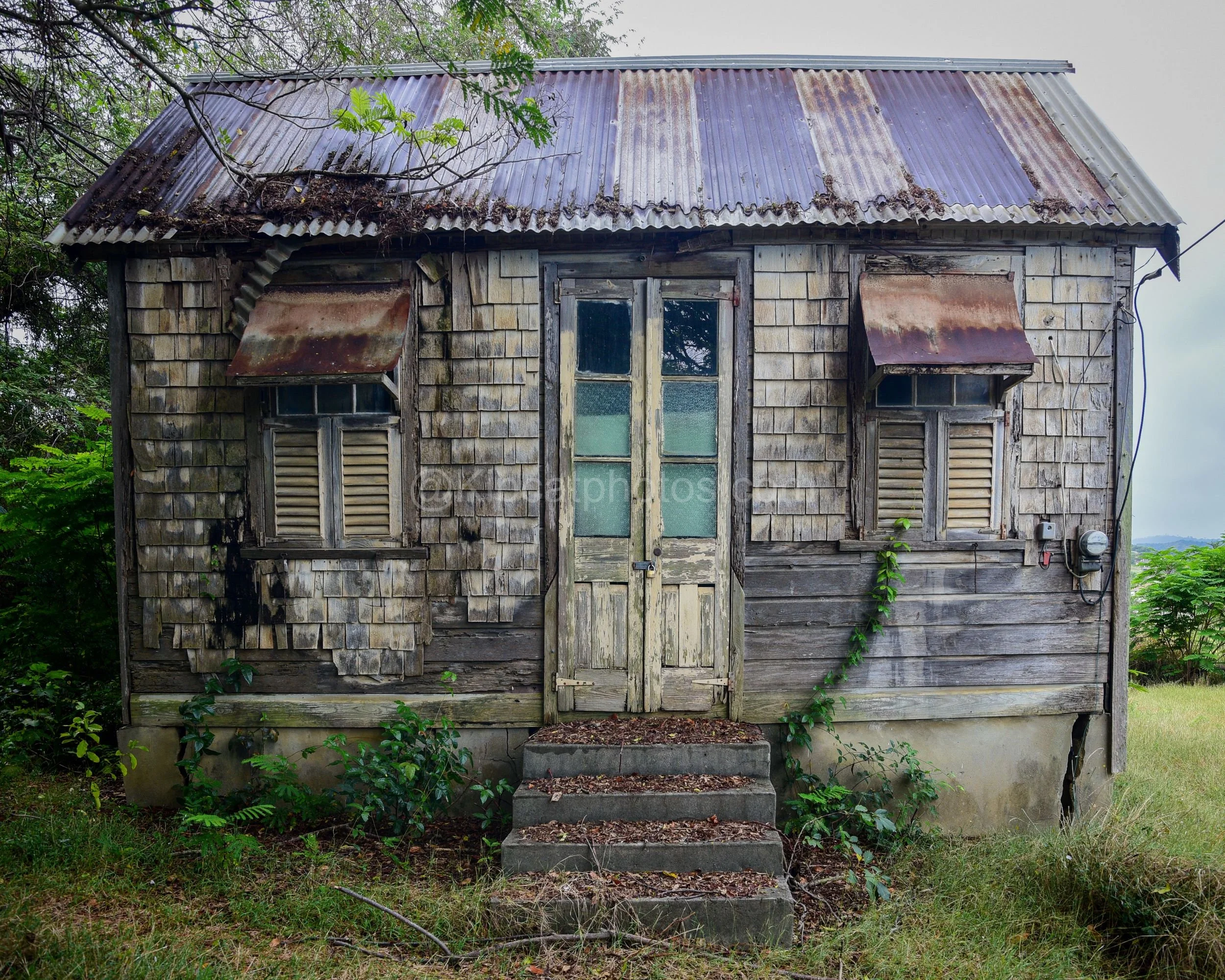 A shingled chattel house in St Andrew, Barbados, with shuttered windows and a green-glazed double door. Kipcatphotos.com

This St Andrew chattel house wears its weathered wood shingles and rusted window awnings well, its green-glazed double door and 