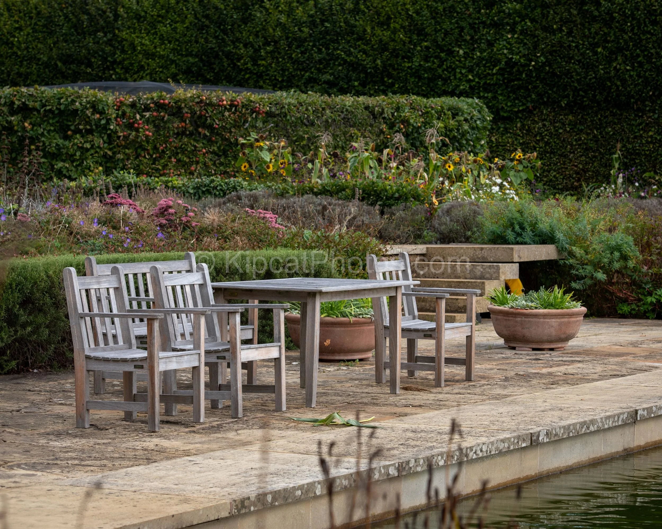 A weathered teak table and chairs sit on a stone terrace beside the formal canal pool at Broughton Grange, Oxfordshire, with large terracotta pots, sedum, asters and sunflowers in the mixed border behind and an apple-laden hedge beyond. KipcatPhotos.