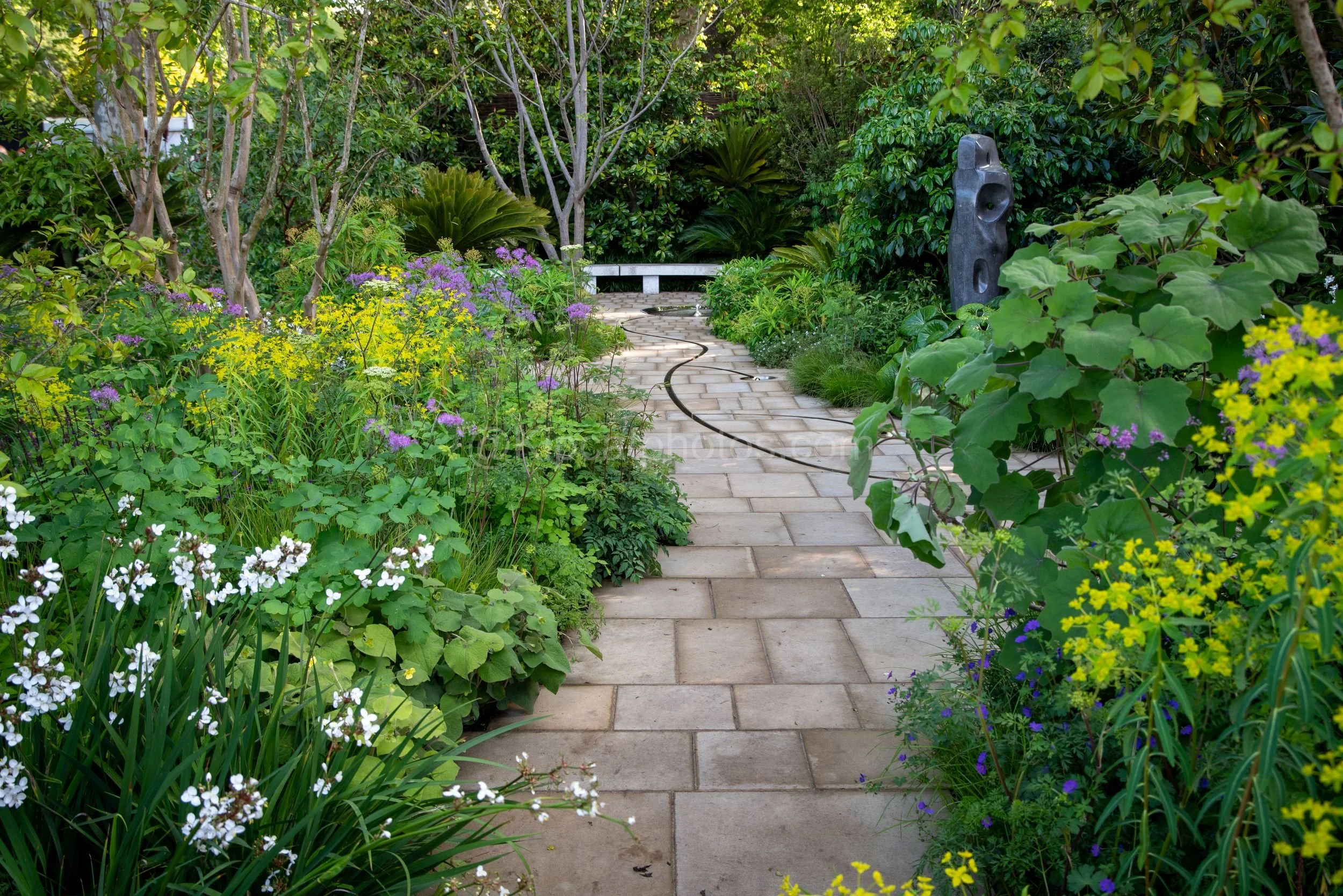 Curving stone path leading past lush planting to an abstract stone sculpture in the Tom Stuart Smith garden at RHS Chelsea Flower Show 2026

A gently curving stone path winds through lush borders of euphorbia, cow parsley and astrantia towards a pale