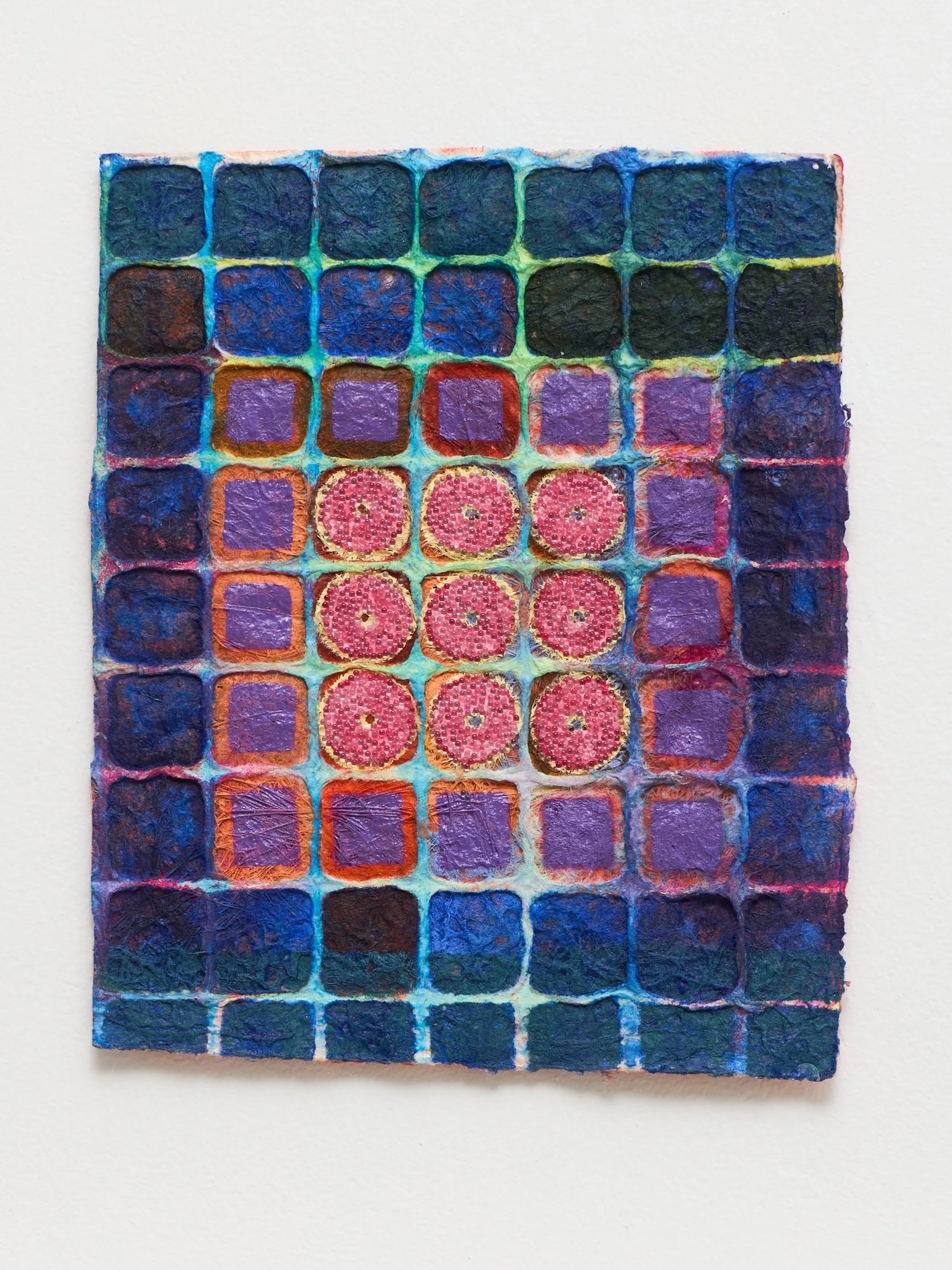 Inflorescence no. 02, 2026, watercolor, oil and glass beads on pressed paper, 9 x 7 1/2 inches