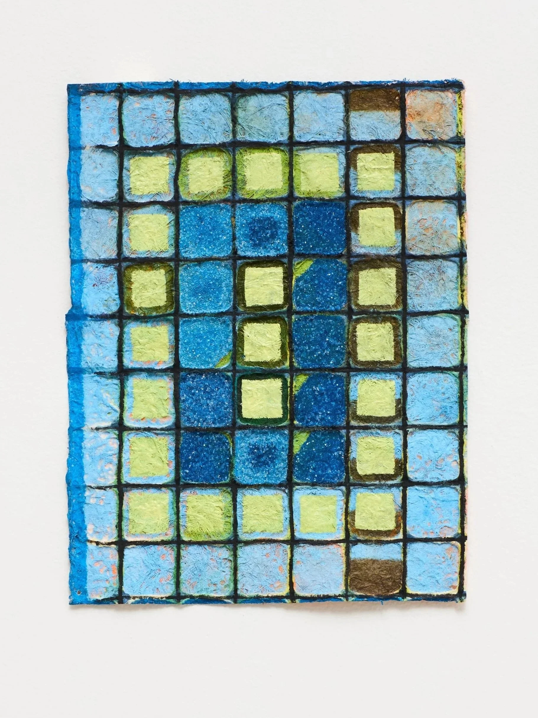 Inflorescence no. 03, 2026, watercolor, oil and glass beads on pressed paper, 9 x 7 1/2 inches