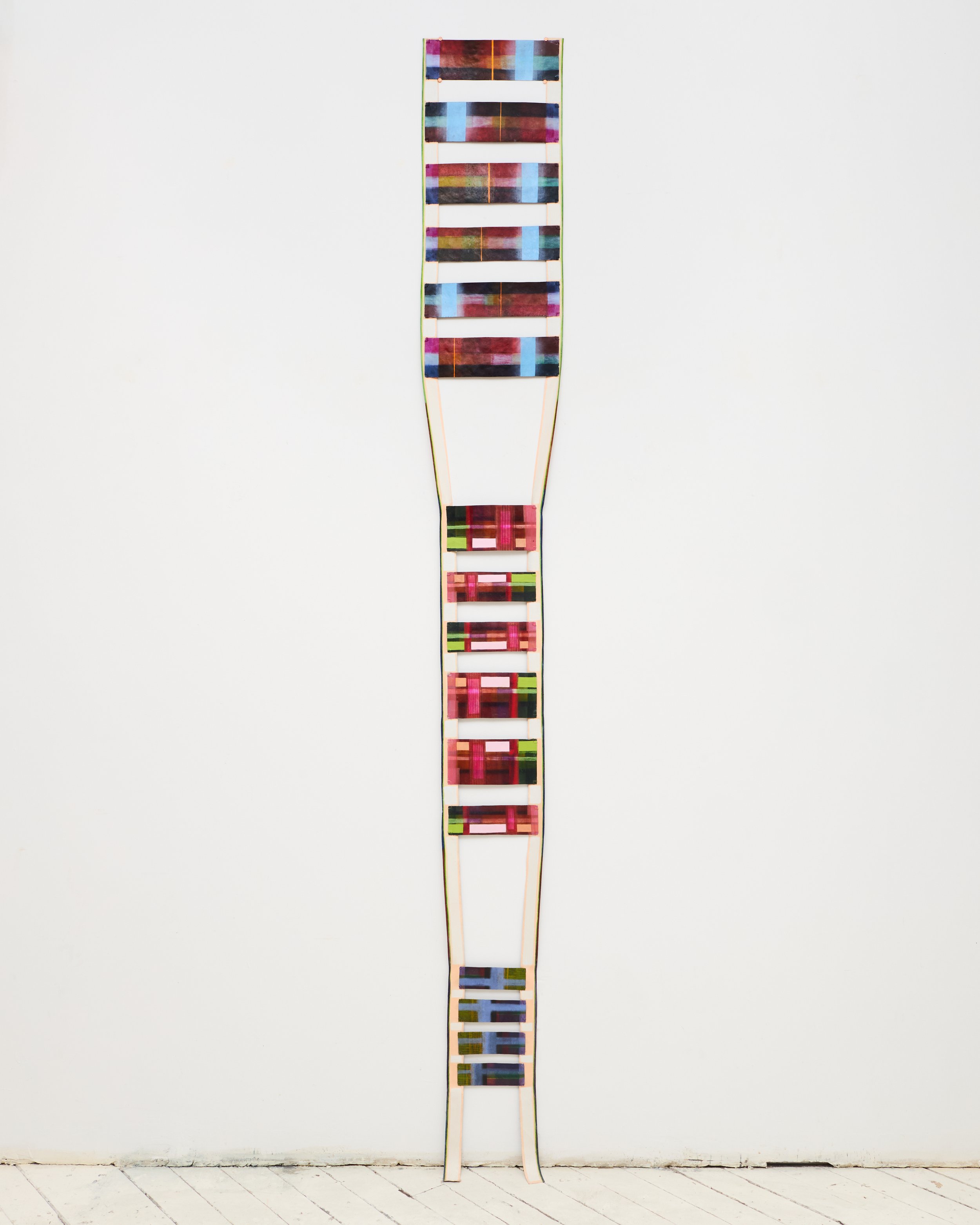 Madras Eulogy, 2025, oil on copper with linen webbing, 103 x 13 inches