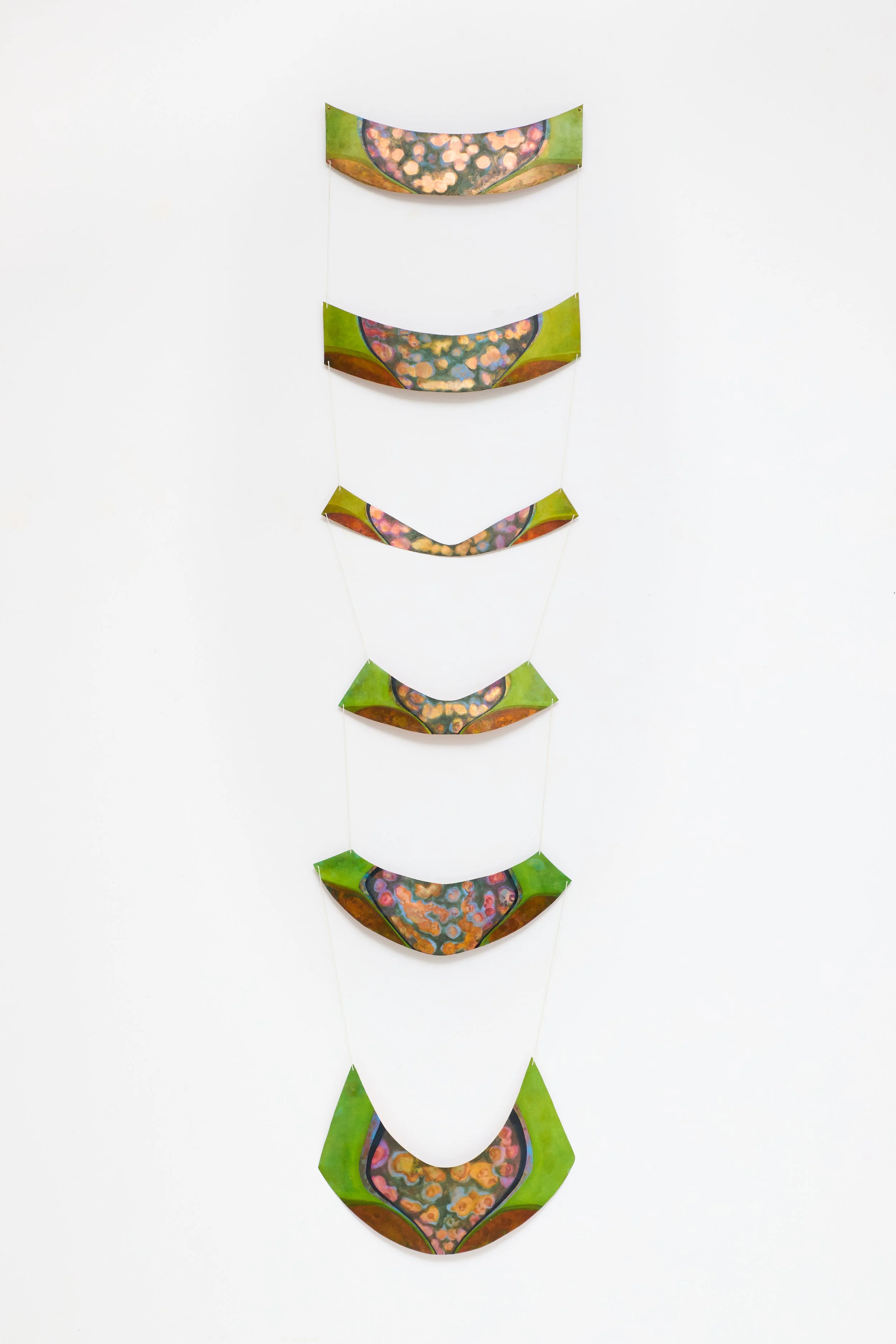 Firedamp, 2025, oil on copper, with linen thread, 60 x 18 inches 