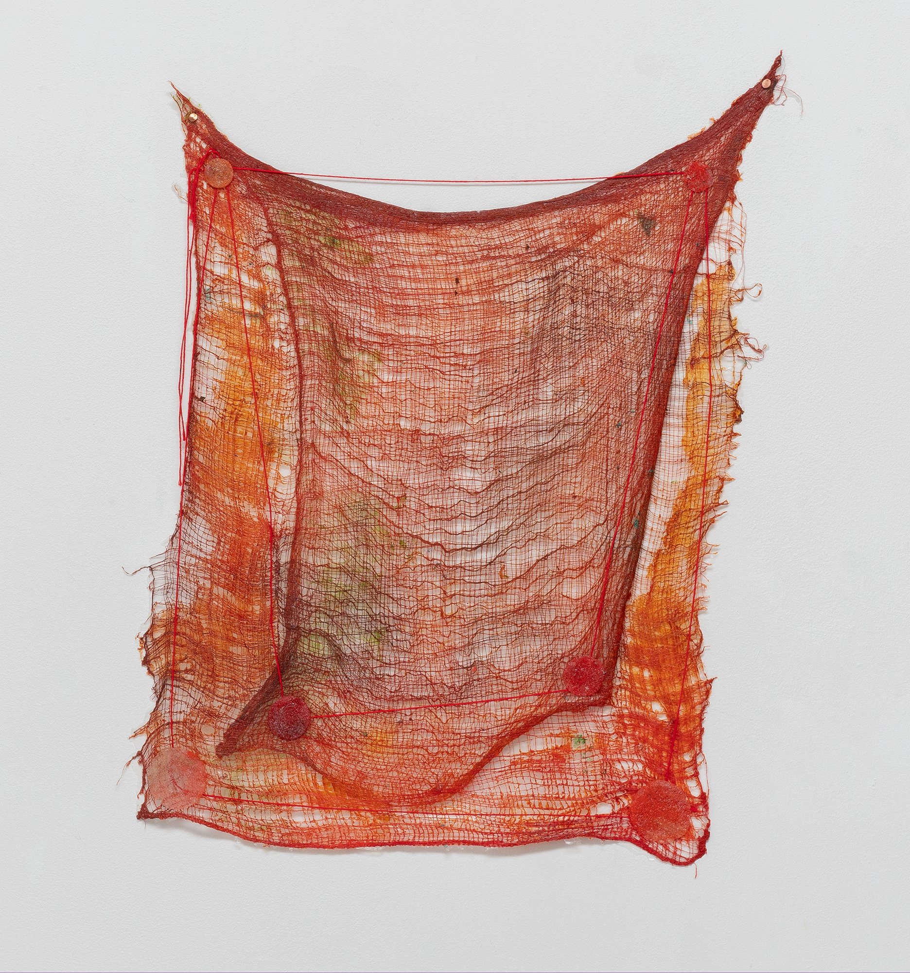 Red Tide, 2023, cotton mesh, glass beads, acrylic, cotton string, 20 x 15 inches