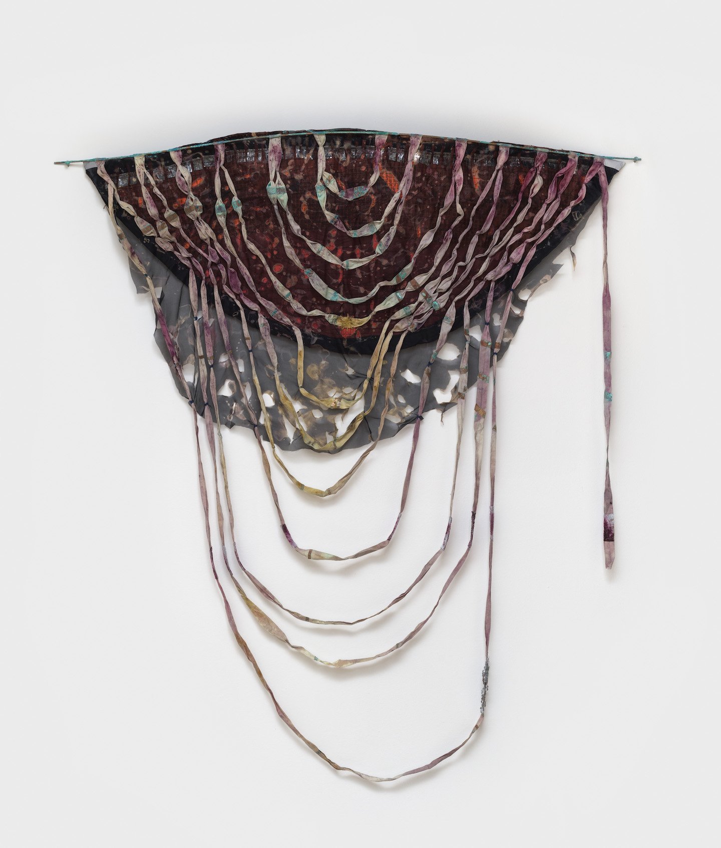Miasma Reel, 2022, velver, mylar, linen webbin, silk geogette, copper, verdigris, glass beads, indigo, marigold, cochineal, bleach, 48 x 52 inches
