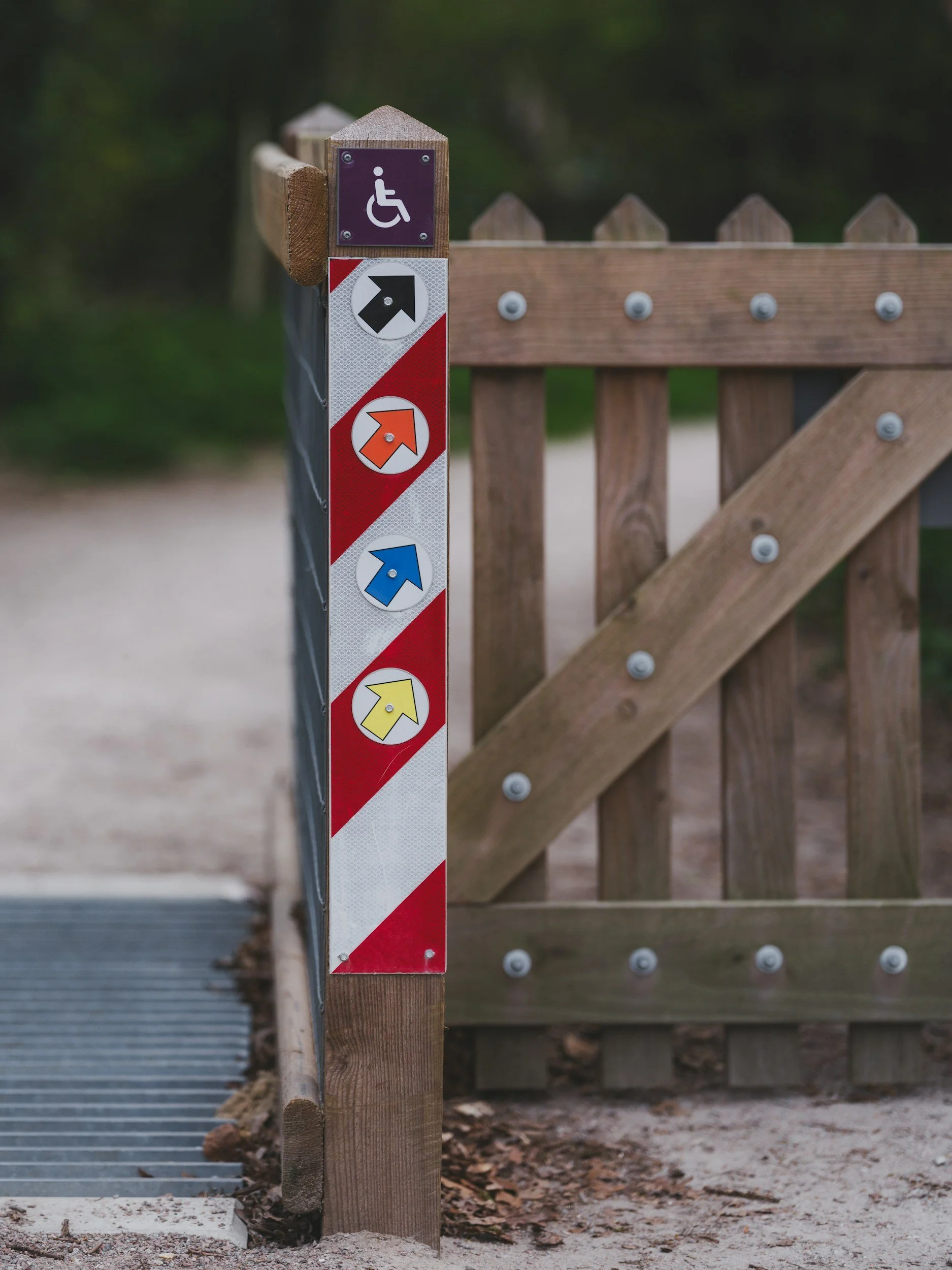 sign post with handicap symbol on top and multiple directional arrows