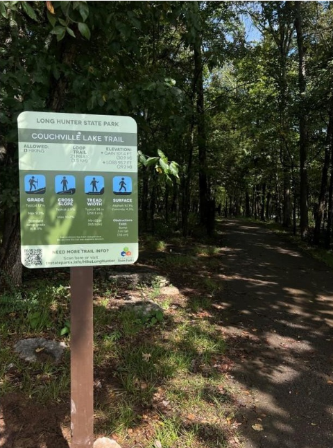 Trail sign with accessibility characteristics next to Couchville Lake Trail