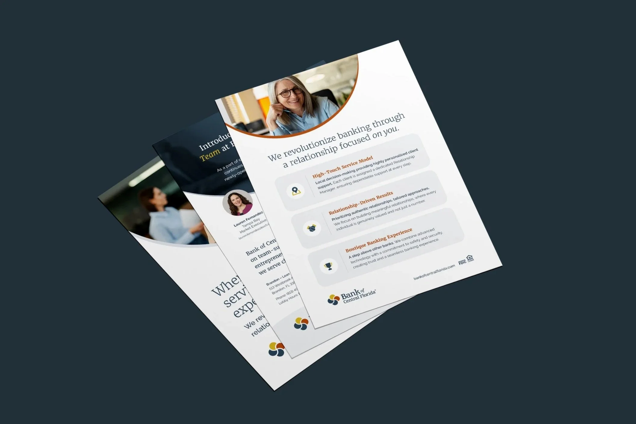Two printed brochures for Bank of Central Florida, featuring text, icons, and the bank's logo, placed on a dark surface.