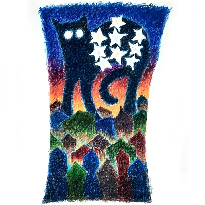 "Night Cat" coloured pencil