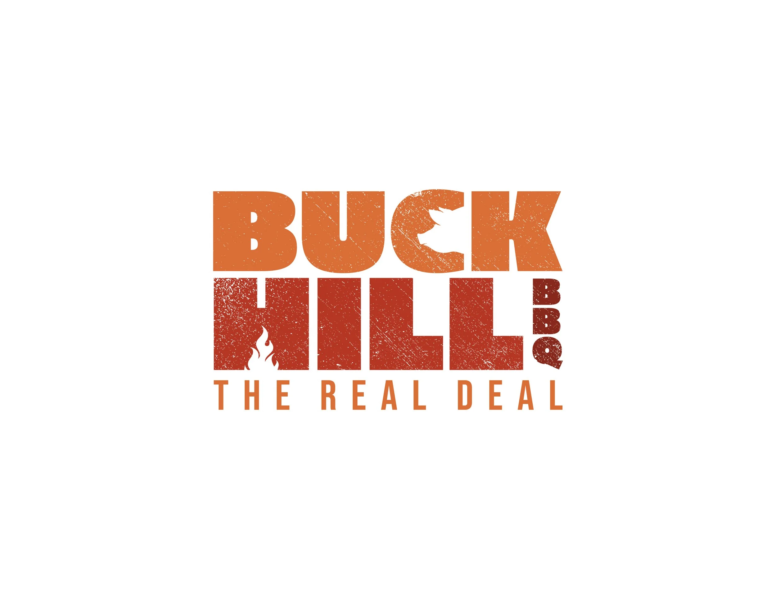 Logo for Buck Hill BBQ featuring bold, distressed orange and red text that reads BUCK HILL BBQ, with a flame icon replacing the letter O in BUCK and a flame above the letter I in HILL. Underneath, the slogan THE REAL DEAL is written in smaller orange text.