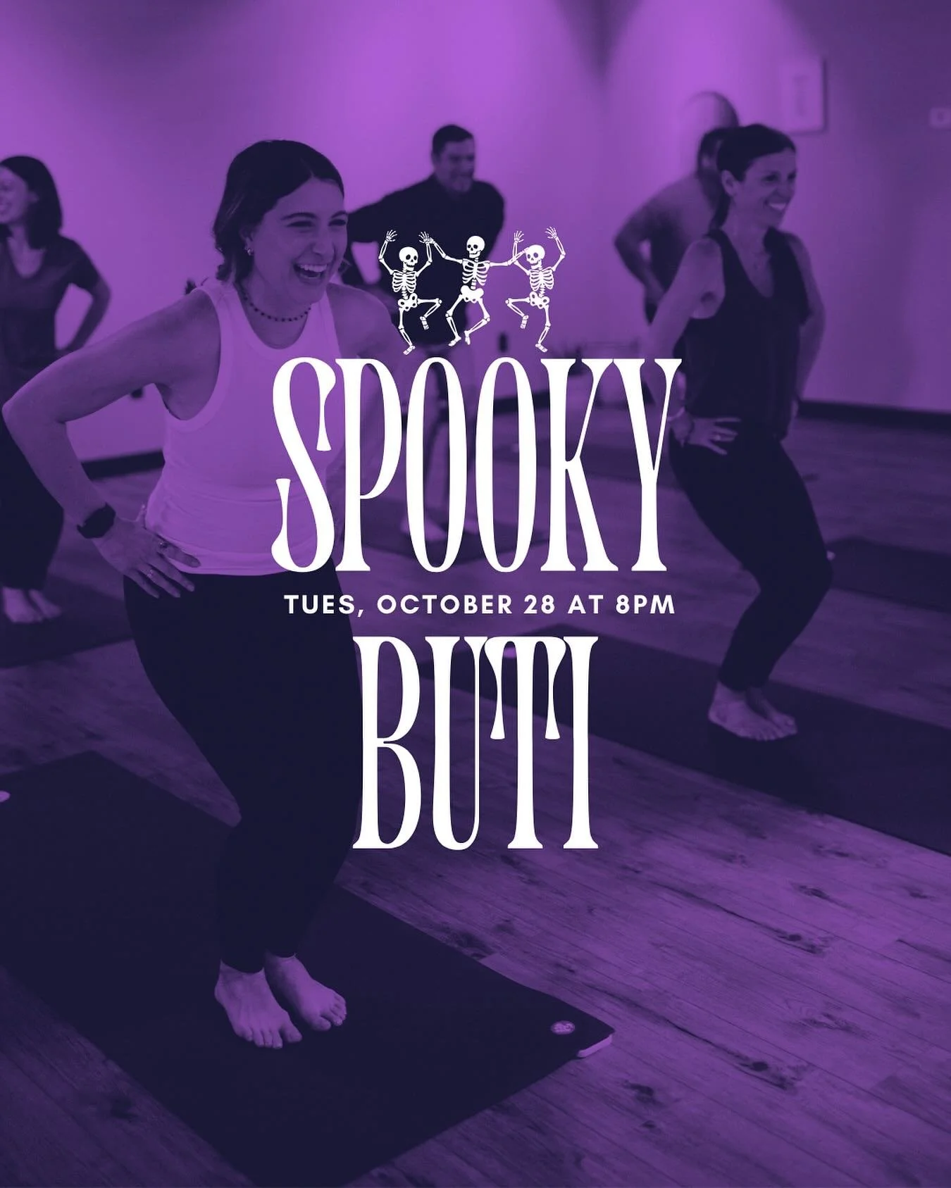 Grab your costume and bright colors, it’s time to shake it out and summon your inner witch for Spooky Buti Yoga!🔮🎃💀👻
TUES, OCT 28 @ 8PM
Last call to get spooky sweaty with us! Sign up on the Glofox app or at nirvanayogahouse.com/workshops