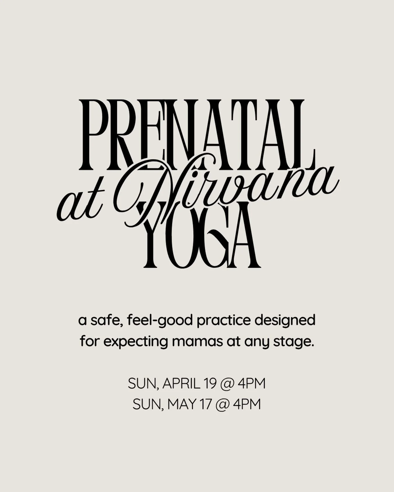 A space where you can move, breathe, connect with your baby, and find community💫 Join us for monthly prenatal yoga w/ chelsea:

〰️THIS SUN, APRIL 19 @ 4PM
〰️SUN, MAY 17 @ 4PM

Share with a friend or reserve your spots on the Glofox app or at nirvana