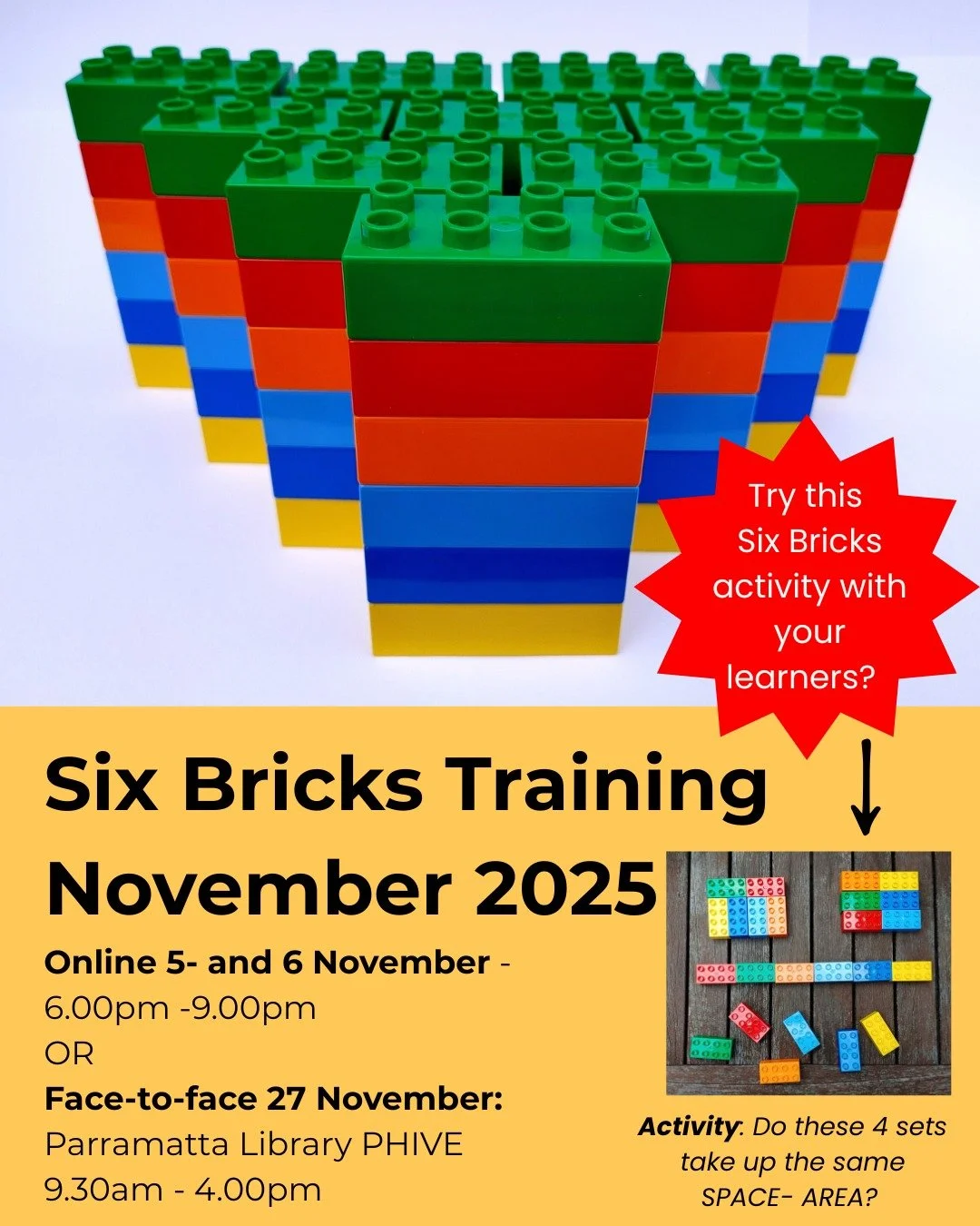 Have you heard of Six Bricks?

6️⃣It&rsquo;s a playful learning tool that uses just 6 LEGO&reg; DUPLO&reg; bricks to build focus, memory, creativity, and more.

💥We&rsquo;re excited to bring you Level 1 &amp; 2 training in November &mdash; online or