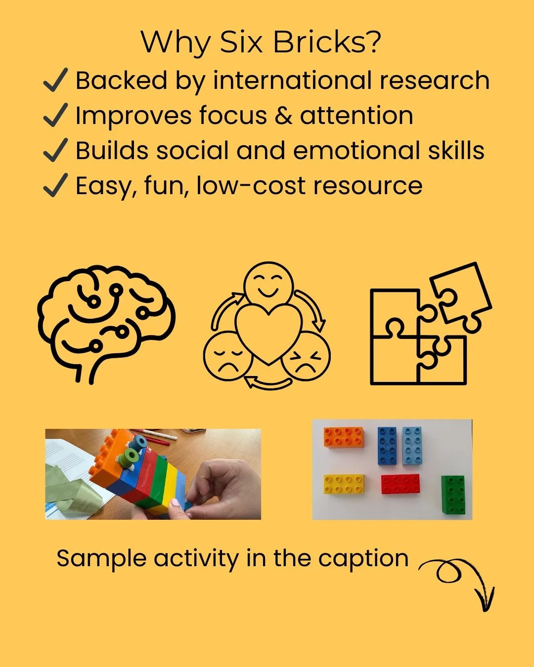 Why Six Bricks?

✅ Backed by international research
✅Improves focus &amp; attention
✅ Builds social and emotional skills
✅ Easy, fun, low-cost resource

Come discover how powerful this tool can be in your learning space.&quot;

🌻SAMPLE ACTIVITY. 

?