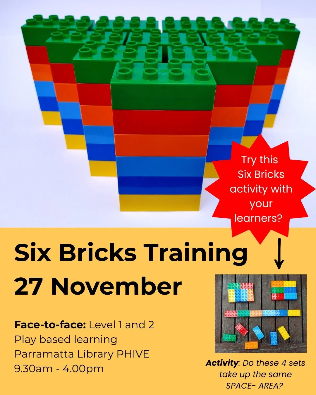 🧱 Six Bricks Training &ndash; 
27 November 🧠

🎯Early educators everywhere are discovering the power of short, sharp, hands-on learning. 

Six Bricks has been around for 17 years and is spreading worldwide &mdash; because it works.

✨ Easy to imple