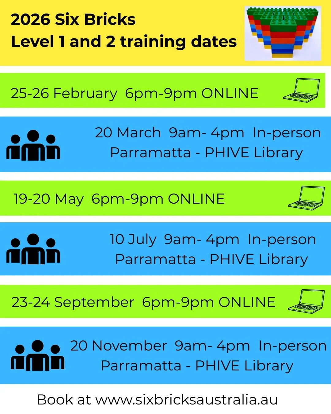🧱 Six Bricks Level 1 &amp; 2 &mdash; Book Your Date Today!

We trained in South Africa with the creators of Six Bricks.
So we can now deliver certified Level 1 &amp; 2 training in Australia.

Six Bricks is spreading worldwide in popularity- just goo