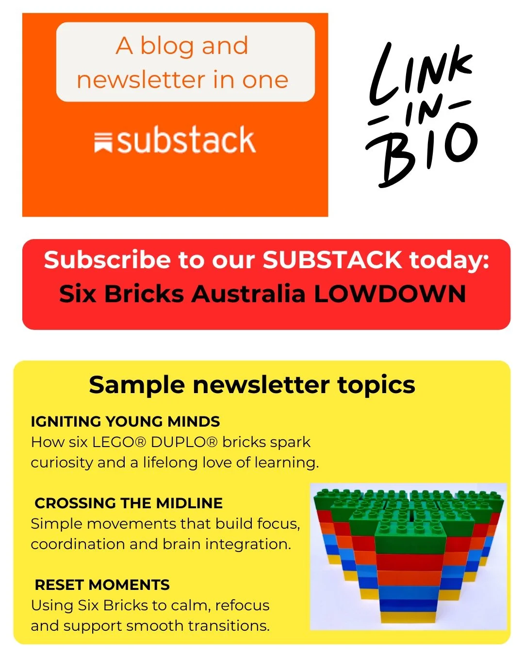 STOP SCROLLING 🧱✨

Six Bricks is more than play. It&rsquo;s powerful learning in action.

Sandra has been sharing practical, inspiring ideas through our Six Bricks newsletters on Substack &mdash; and we&rsquo;re just getting started.

No spam.
Just 