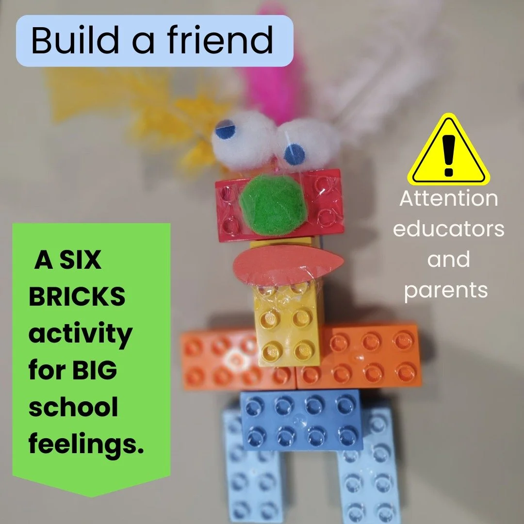 **Build a Friend 💛

A Six Bricks Activity for BIG School Feelings**

😢Starting BIG school is exciting&hellip;
and a little scary.

For most kindergarten children, the biggest worries sound like:

🎯Will I make friends?

🎯Will my teacher like me?

