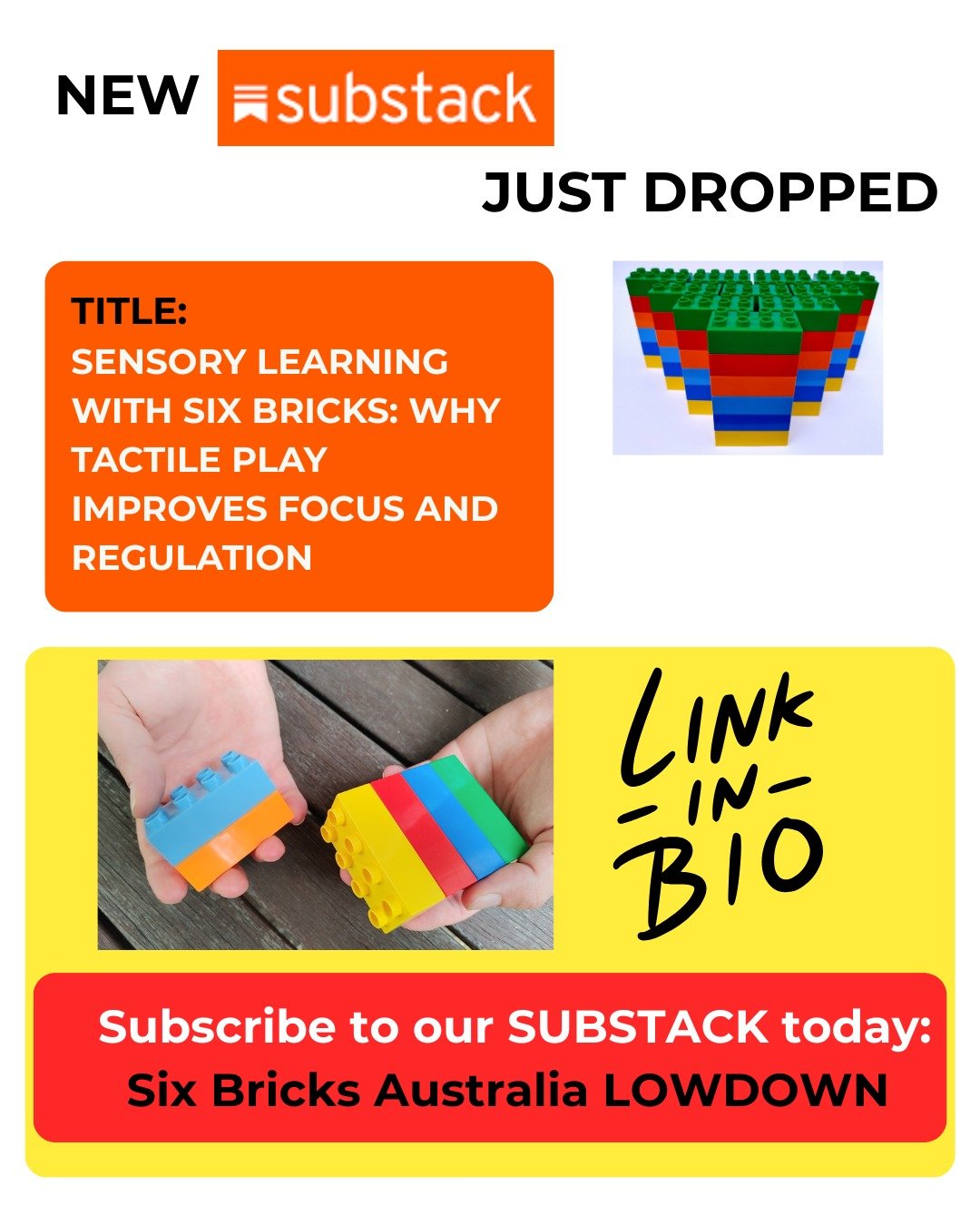 🎨 Sensory Learning with Six Bricks

Play isn&rsquo;t just fun &mdash; it helps kids focus, calm &amp; regulate 🧠💛

Tapping, stacking, twisting &amp; pressing bricks gives tactile input, builds hand strength ✋, and develops body awareness 🤲

Brigh