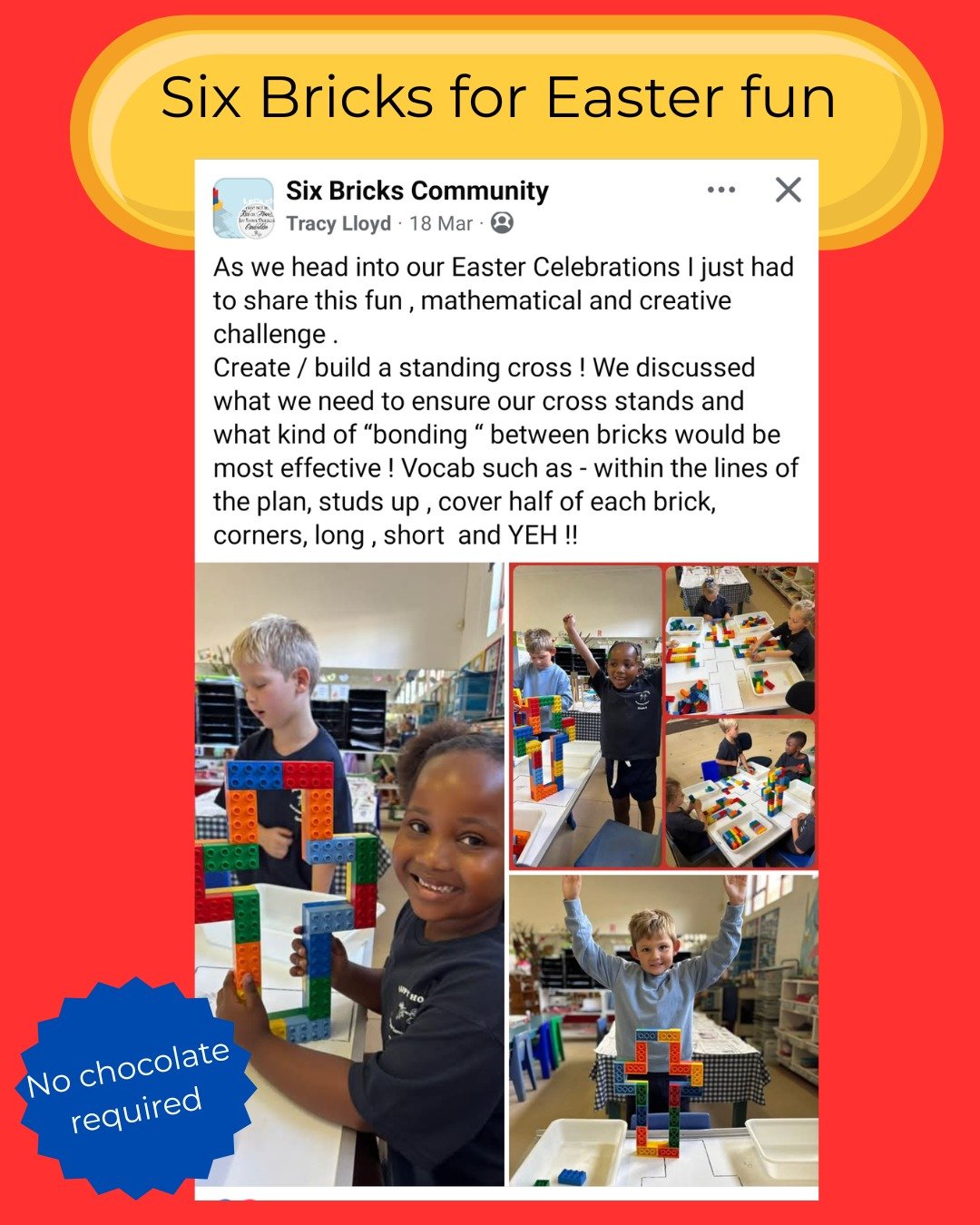 Easter Play, Built Brick by Brick 🐣✨

Looking for simple, meaningful Easter activities?

This beautiful idea, shared by @tracylloyd_za in our community, shows just how powerful Six Bricks can be in little hands. These preschoolers created 3D crosses