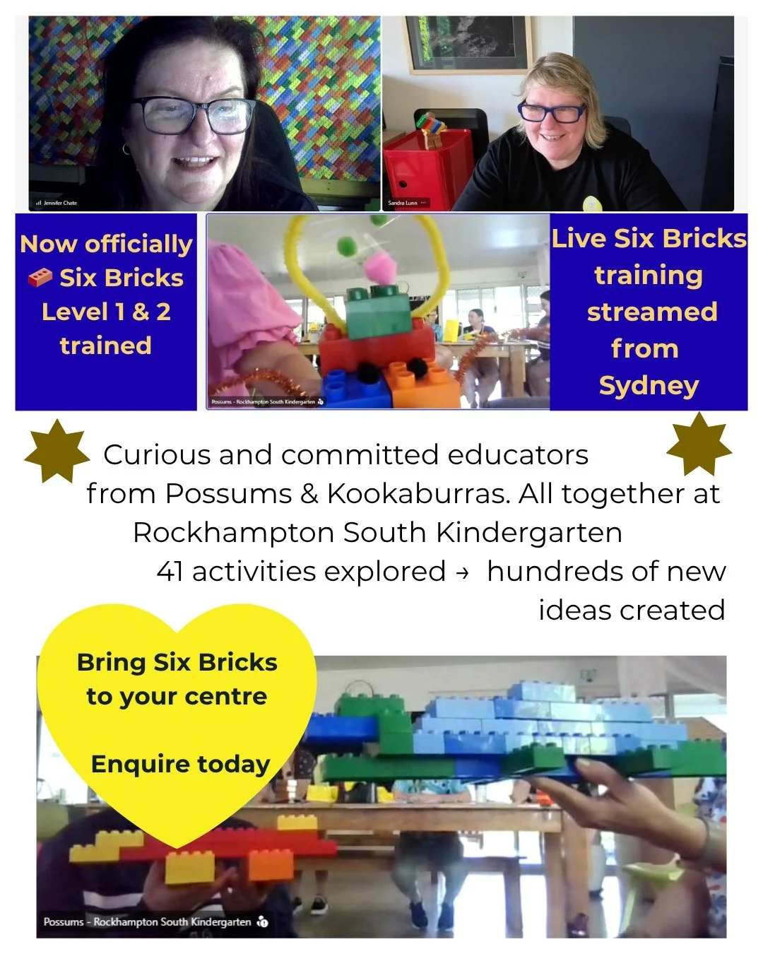So much more than &ldquo;online training&rdquo;&hellip;

This was connection, creativity, and hands-on learning all in one room 🧱✨

Educators from Possums and Kookaburras at Rockhampton South Kindergarten came together while Sandra and Jenny joined 