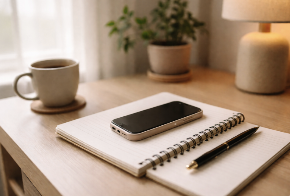 Smartphone resting on a notebook on a desk in soft natural light, symbolizing checking and reassurance patterns linked to anxiety and OCD.