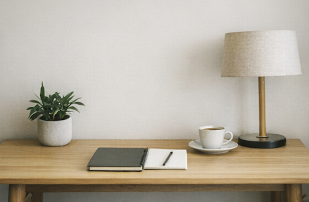 A softly lit desk with a lamp, notebook, and neutral workspace, creating a calm and focused atmosphere.