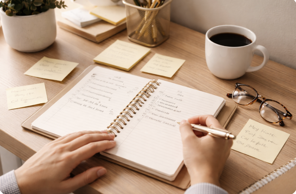 Open planner with handwritten notes, sticky notes, coffee, and glasses on a desk, representing productivity, perfectionism, and anxiety-related pressure.