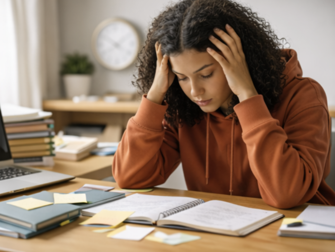 Teen sitting at a desk looking overwhelmed by schoolwork, illustrating executive function challenges with planning and task initiation.