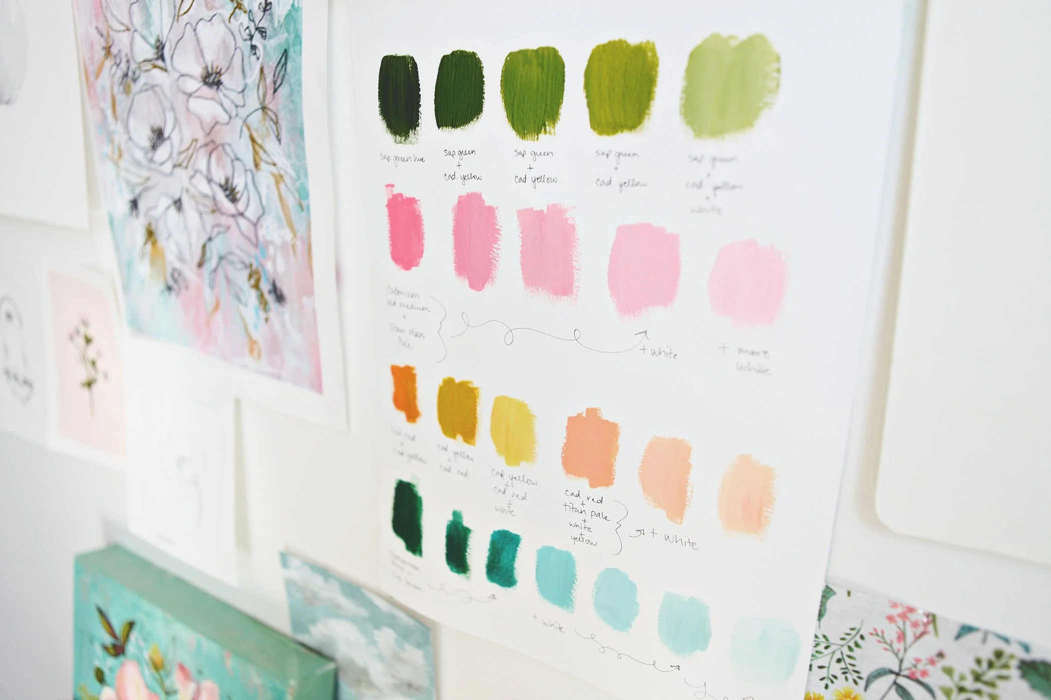 Paint color swatches in art studio