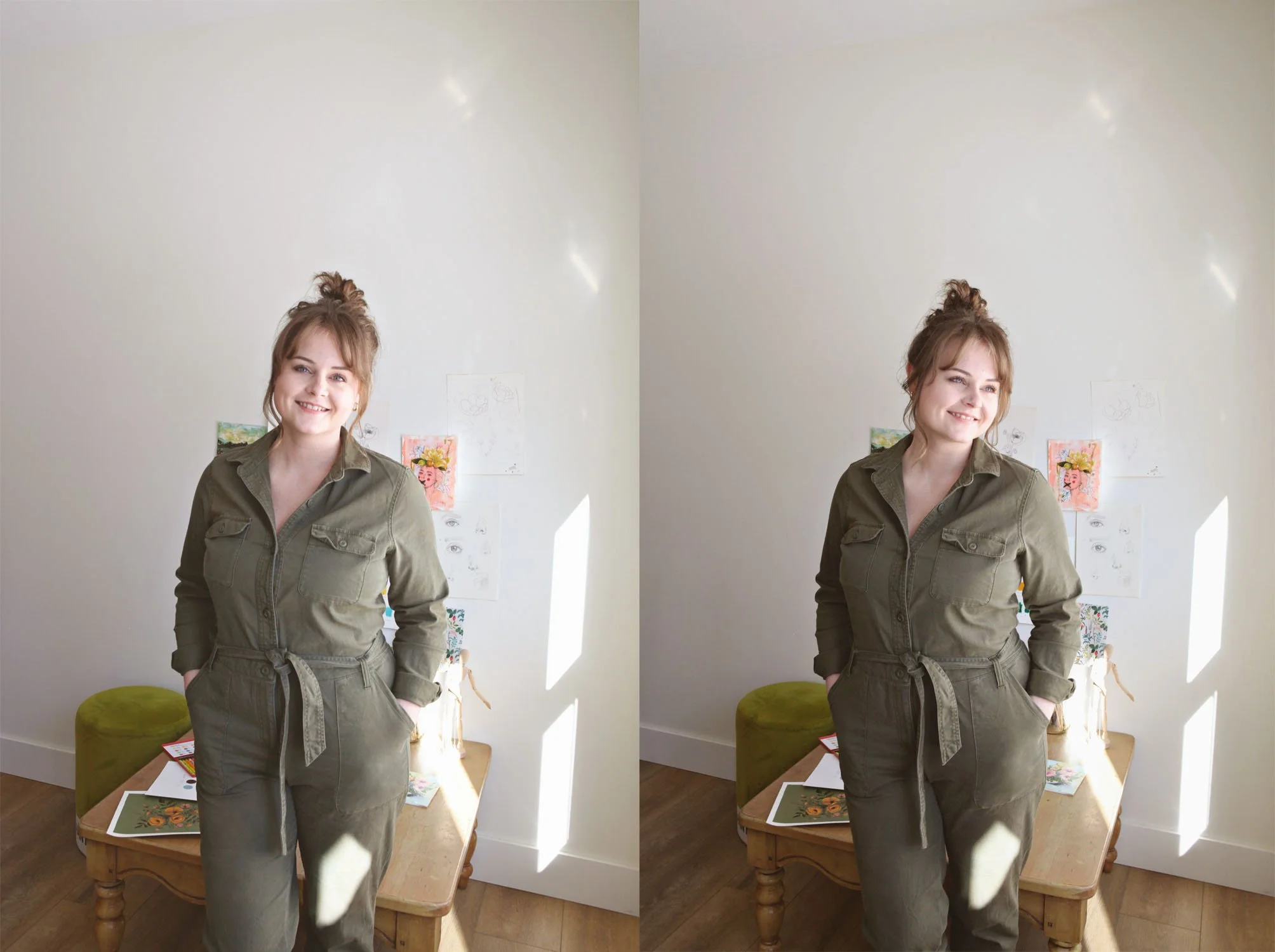 woman in green jumpsuit with hands in pockets