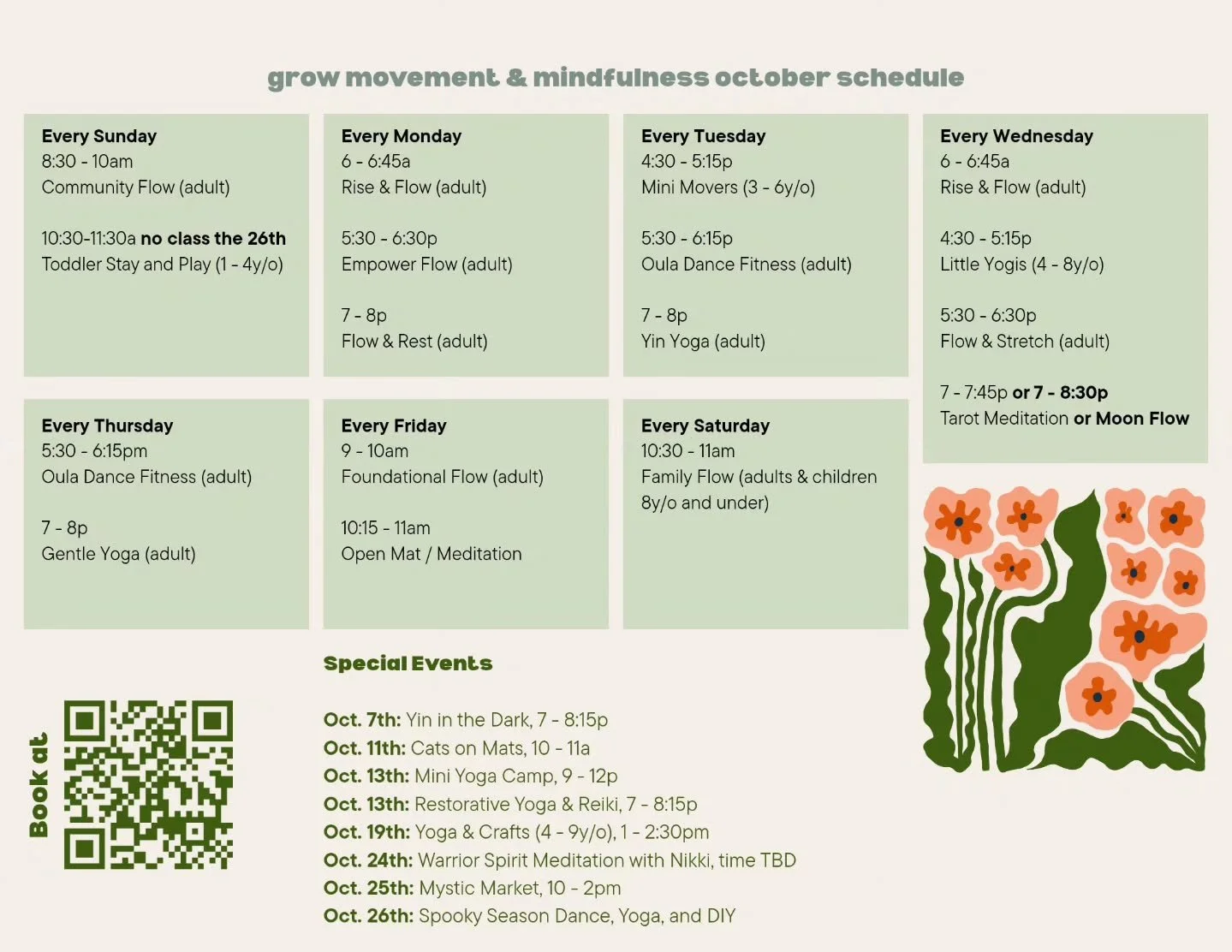 October at GROW 🎃🍂👻🤎🌻

✨️ Tues / Thurs evening classes with Jess shift back to 7p 

✨️ New kids series start this month! 
➡️ Calm &amp; Strong (ages 9-13) on Oct. 13th
➡️ Little Yogis (ages 4-8) on Oct. 15th
➡️ Mini Movers (ages 3-7) on Oct. 21s