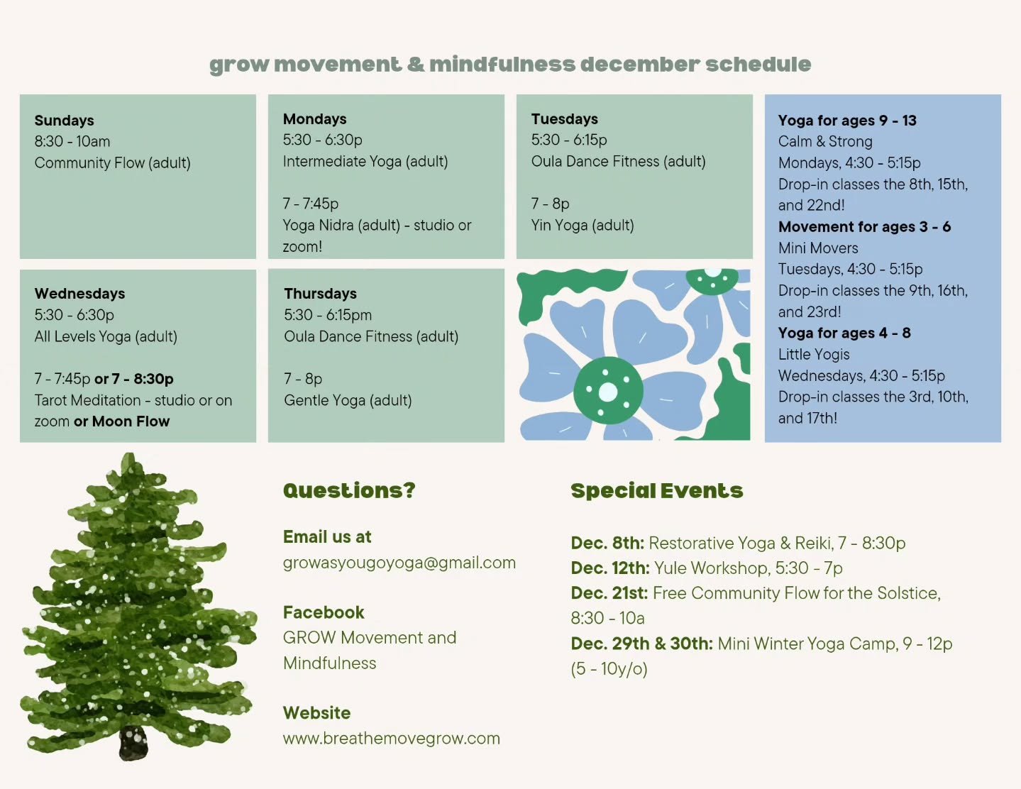 December gets busy fast! Don't forget to make space for yourself ✨️

Here's our schedule to help you stay grounded, move your body, and carve out a few moments of calm 💚