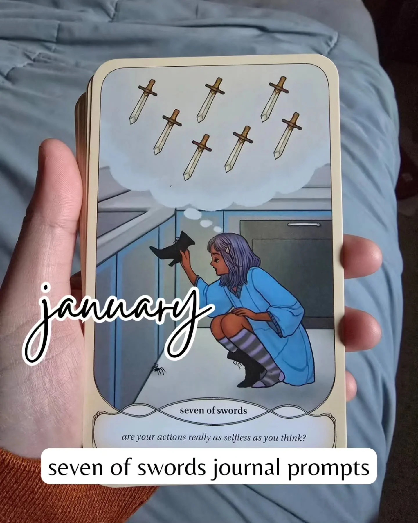 January's card is the 7 of swords, inviting us to slow down, reflect, and build some awareness as we move into the new year.

This card asks for honesty and reflection.

Meet yourself with kindness and notice where you can realign, one small step at 